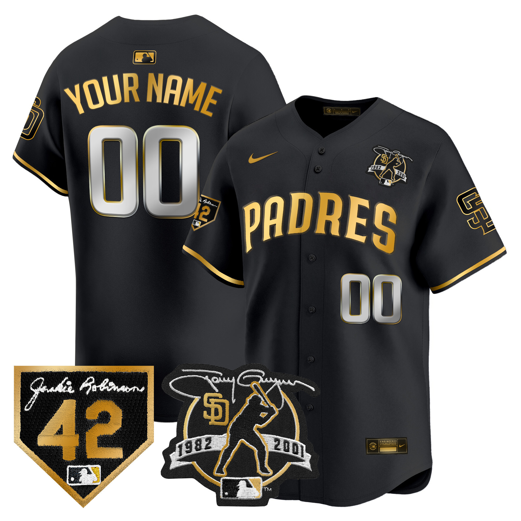 San Diego Padres Tony Gwynn & Robinson Patch Vapor Premier Limited Custom Black Gold Jersey