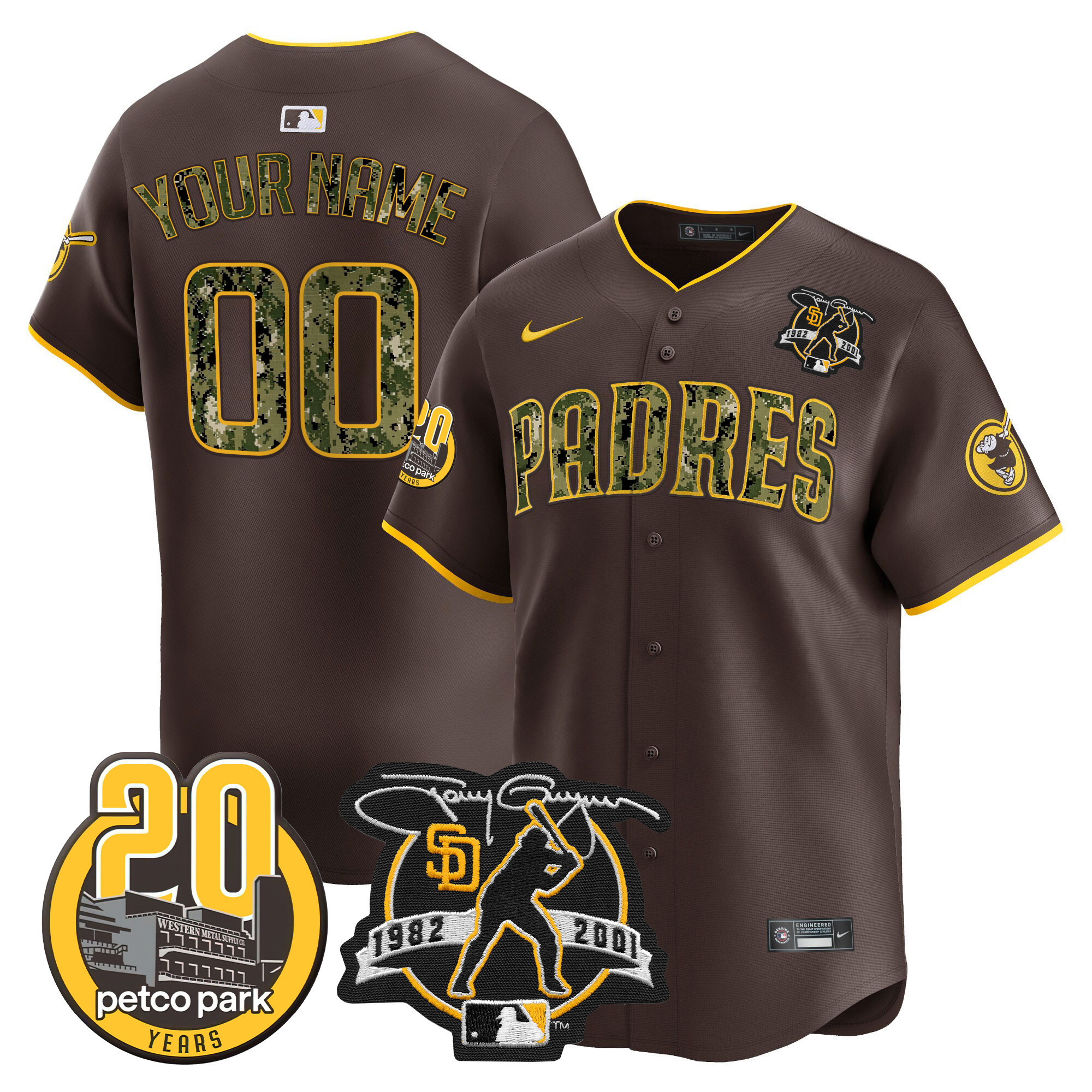 San Diego Padres Tony Gwynn & Petco Park 20th Patch USMC Vapor Premier Limited Custom V2 Brown Jersey
