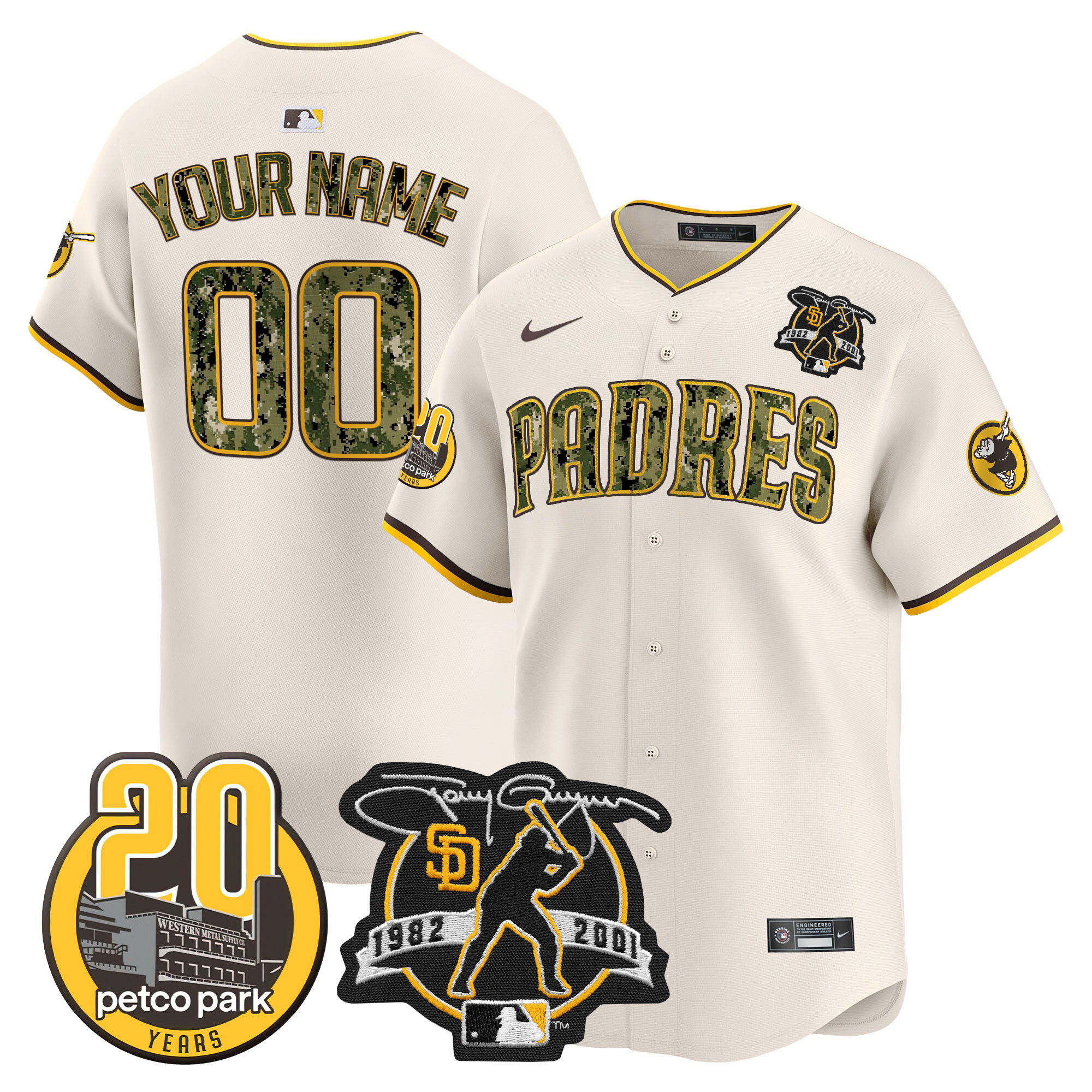 San Diego Padres Tony Gwynn & Petco Park 20th Patch USMC Vapor Premier Limited Custom V2 Cream Jersey