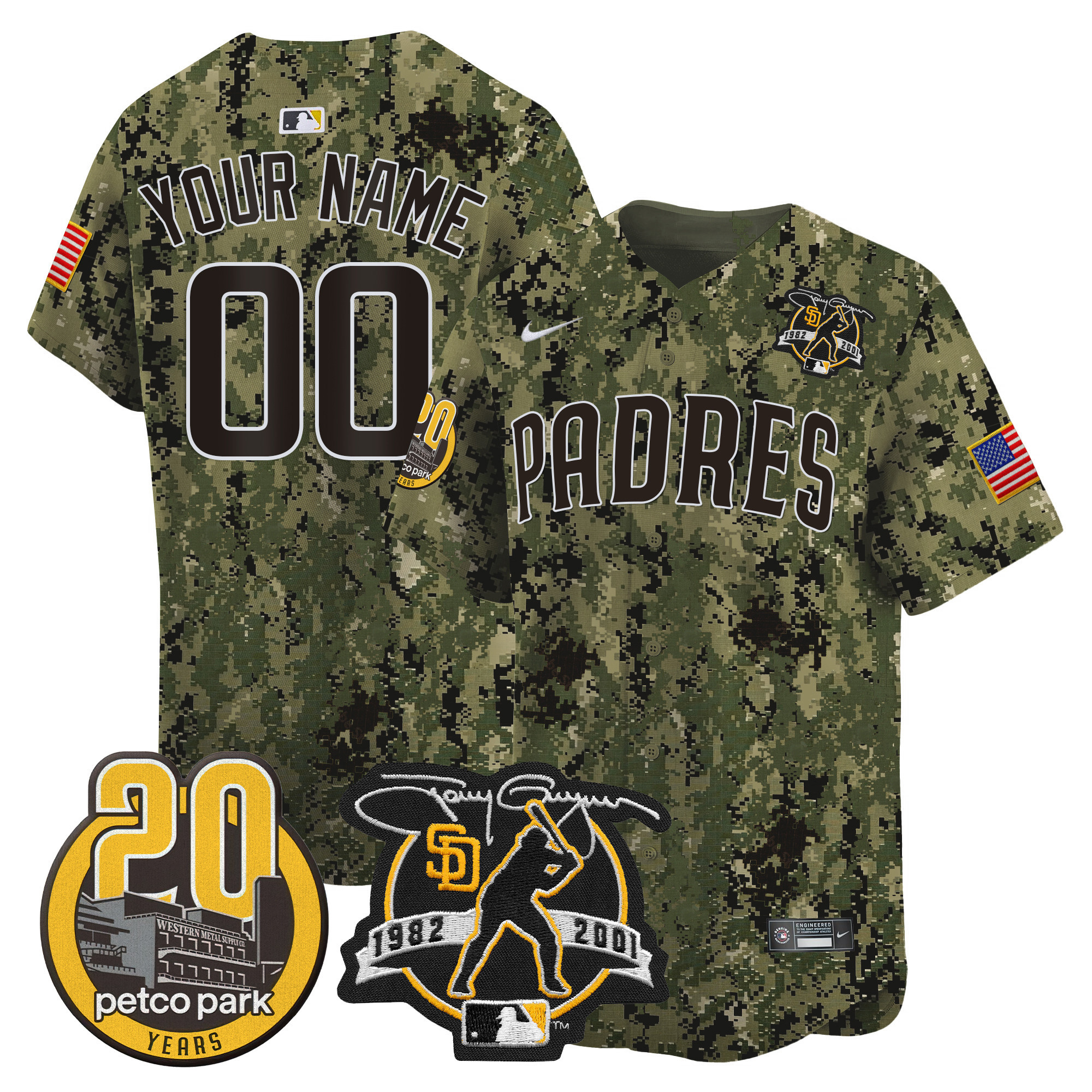 San Diego Padres Tony Gwynn & Petco Park 20th Patch USMC Vapor Premier Limited Custom V2 Woodland Jersey