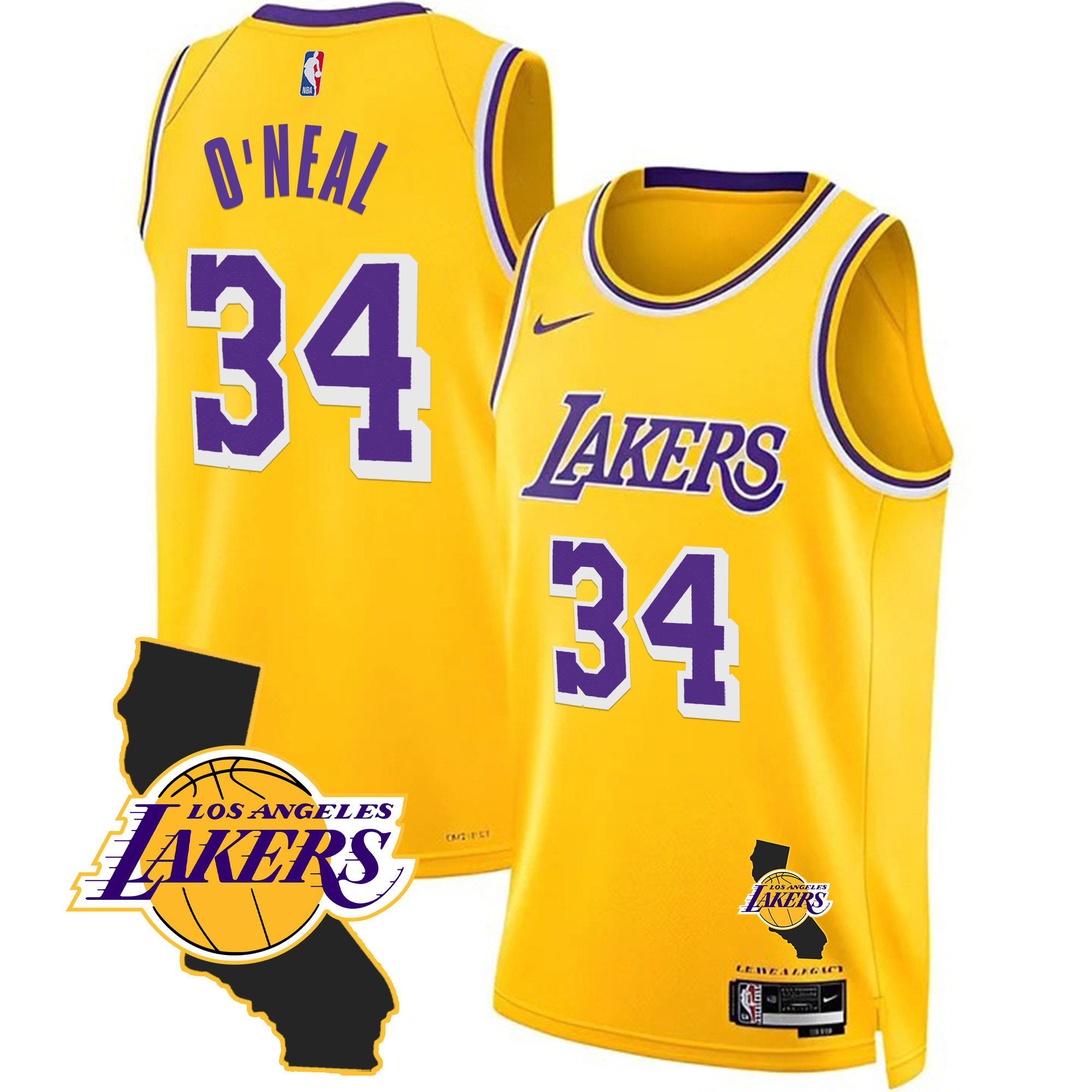 Shaquille O'Neal Men's Los Angeles Lakers California Patch Gold Jersey - All Stitched