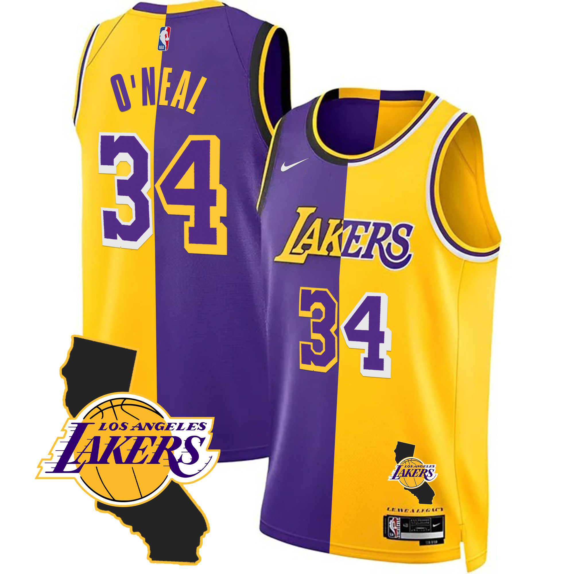 Shaquille O'Neal Men's Los Angeles Lakers California Patch Split Jersey - All Stitched