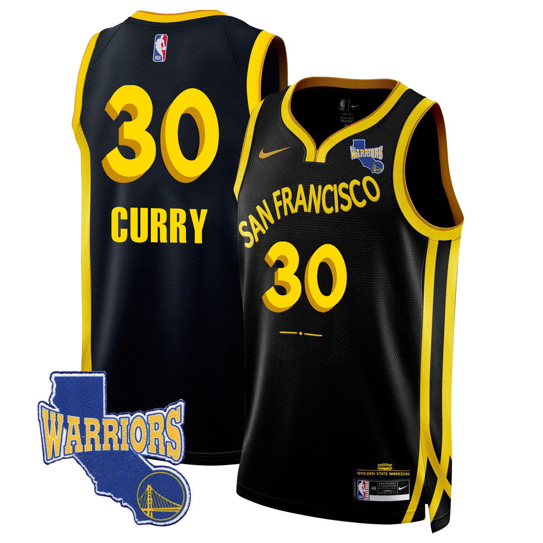 Stephen Curry Men's Golden State Warriors California State Patch City Black Jersey - All Stitched