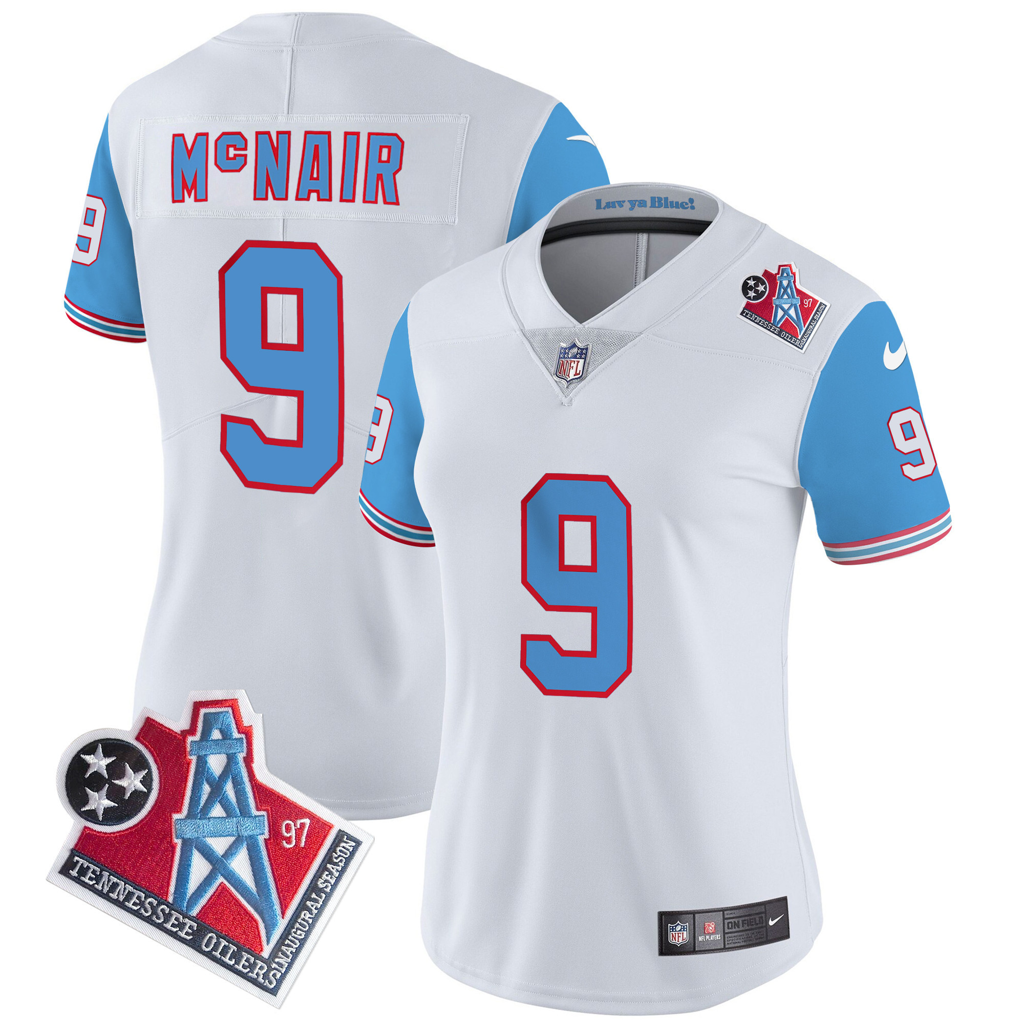 Steve Mcnair Women's Tennessee Titans 1997 Throwback Limited Vapor Blue Sleeves Jersey
