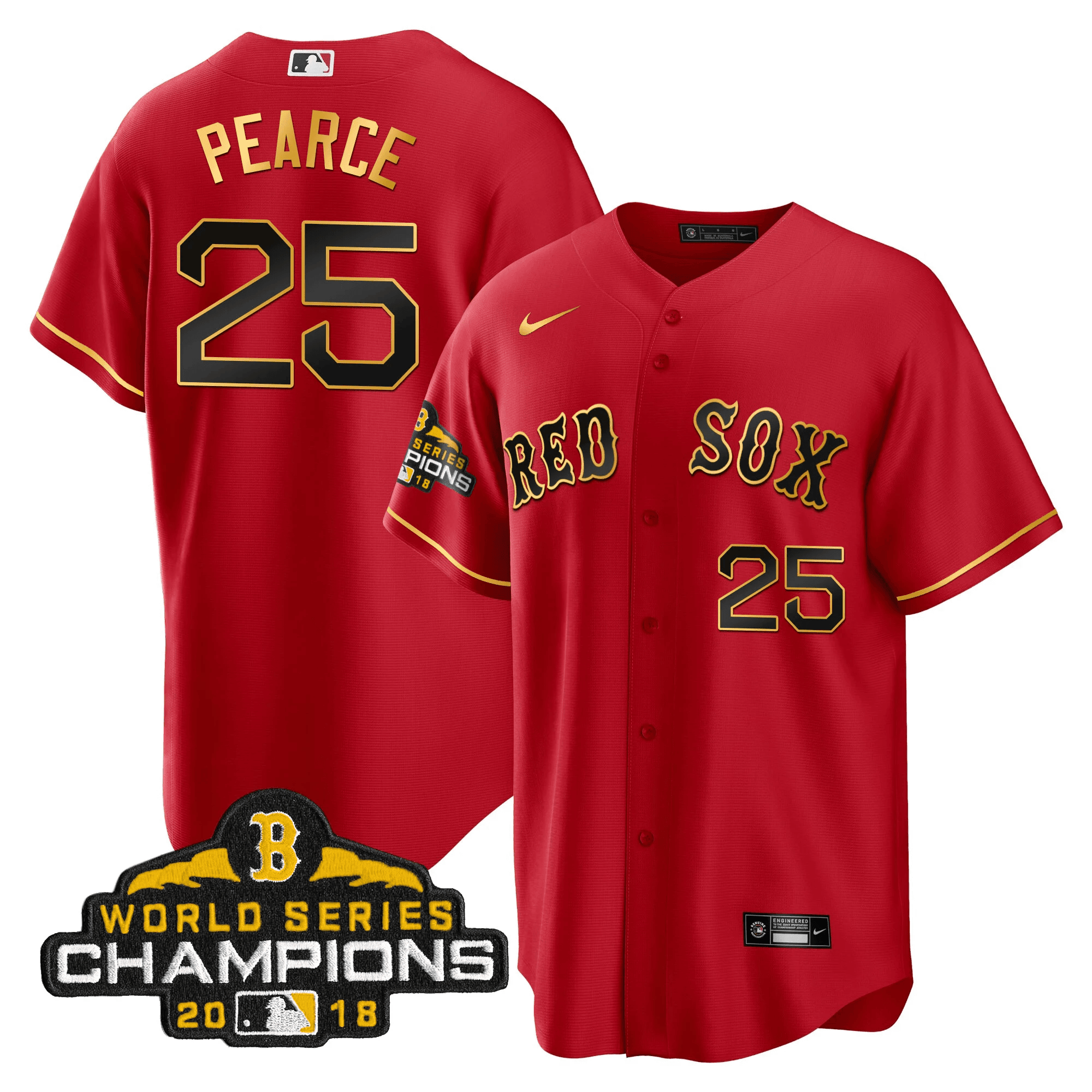 Steve Pearce Men Boston Red Sox World Series Champion Gold Cool Red Jersey - All Stitched