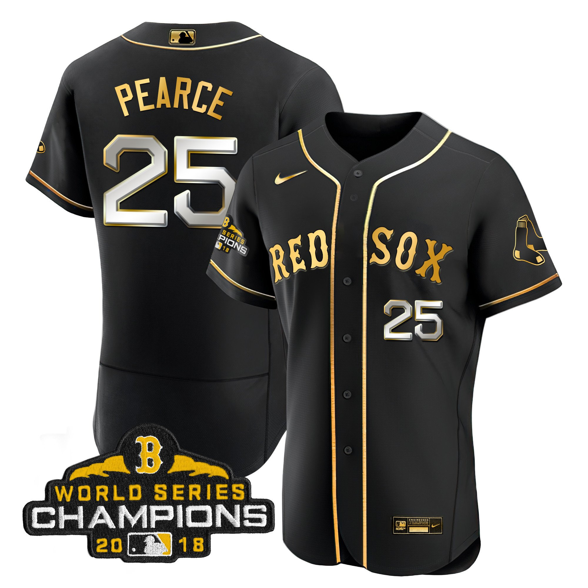 Steve Pearce Men Boston Red Sox World Series Champion Gold Flex Black Jersey - All Stitched