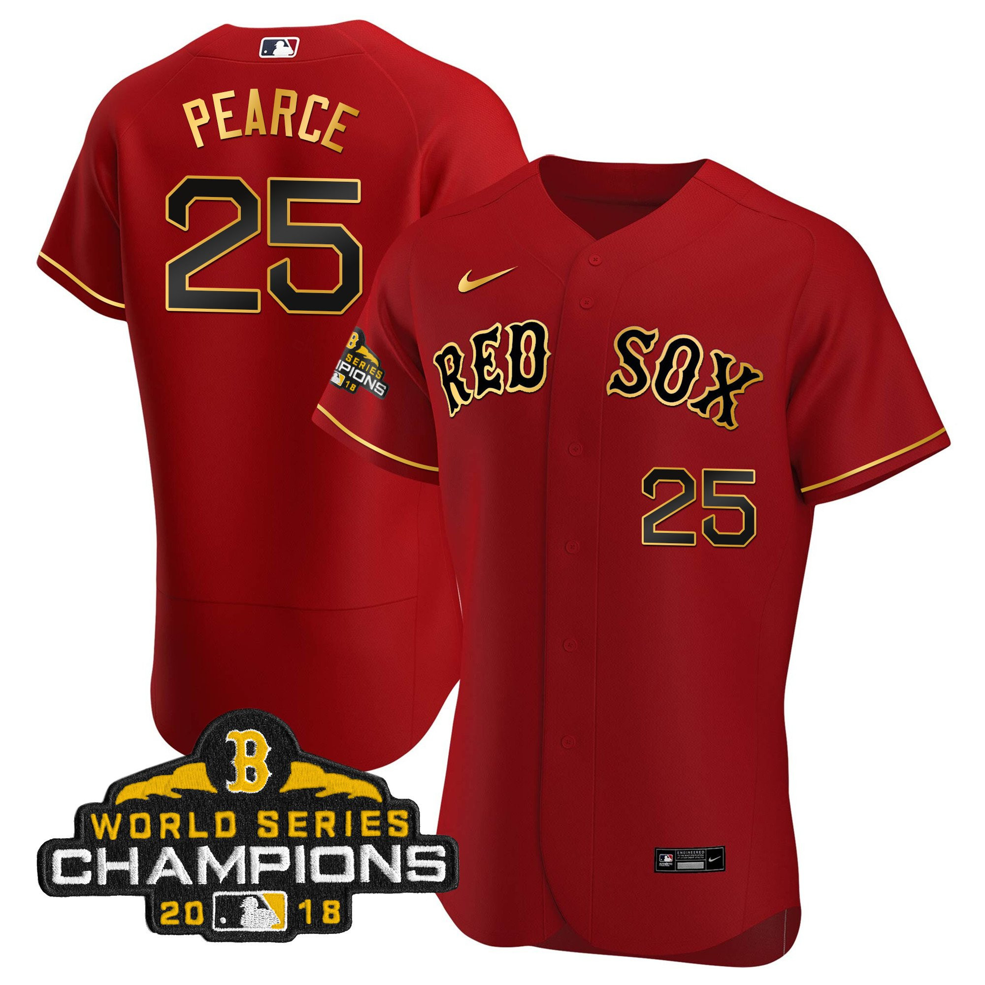 Steve Pearce Men Boston Red Sox World Series Champion Gold Flex Red Jersey - All Stitched