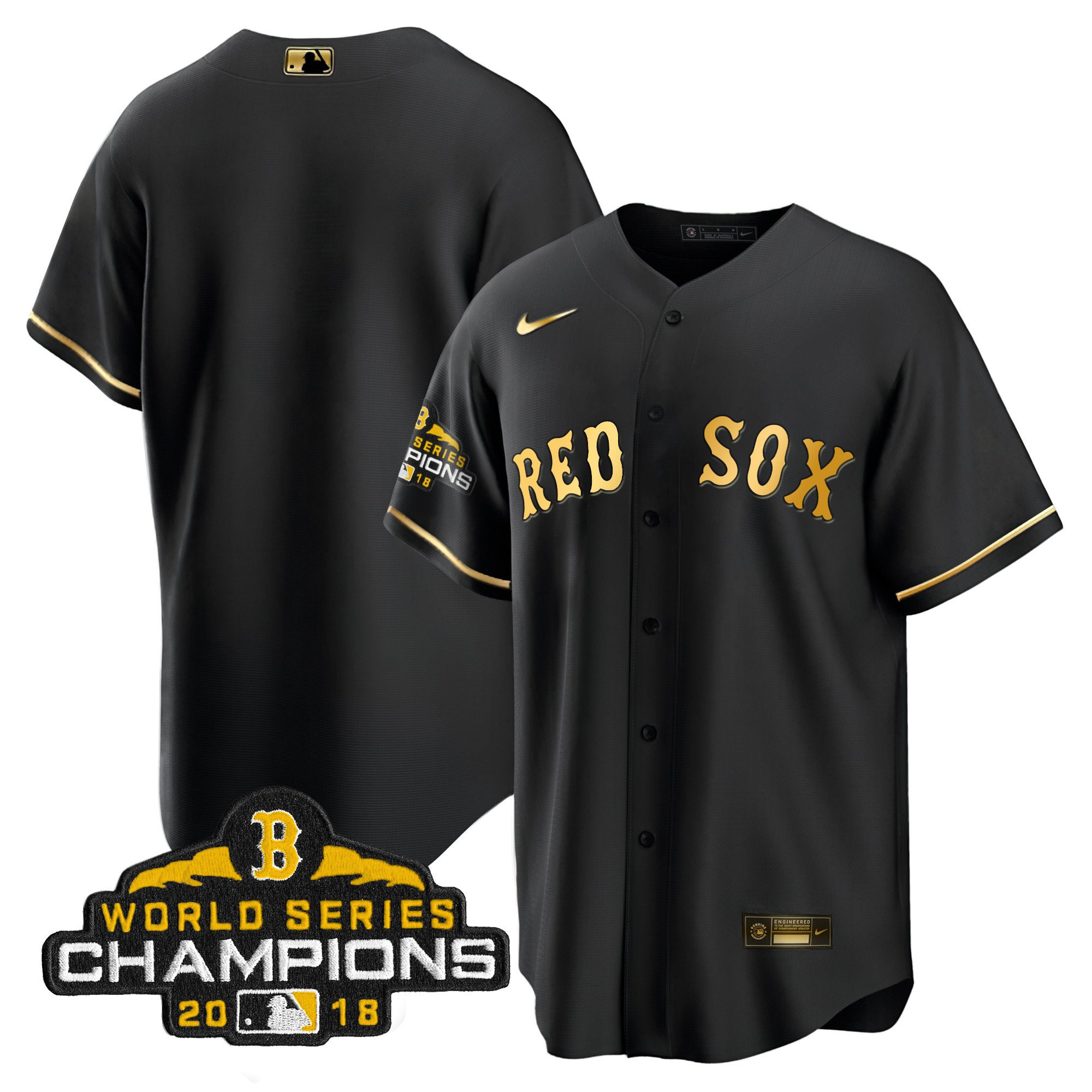 Team Men Boston Red Sox World Series Champion Gold Cool Black Jersey - All Stitched