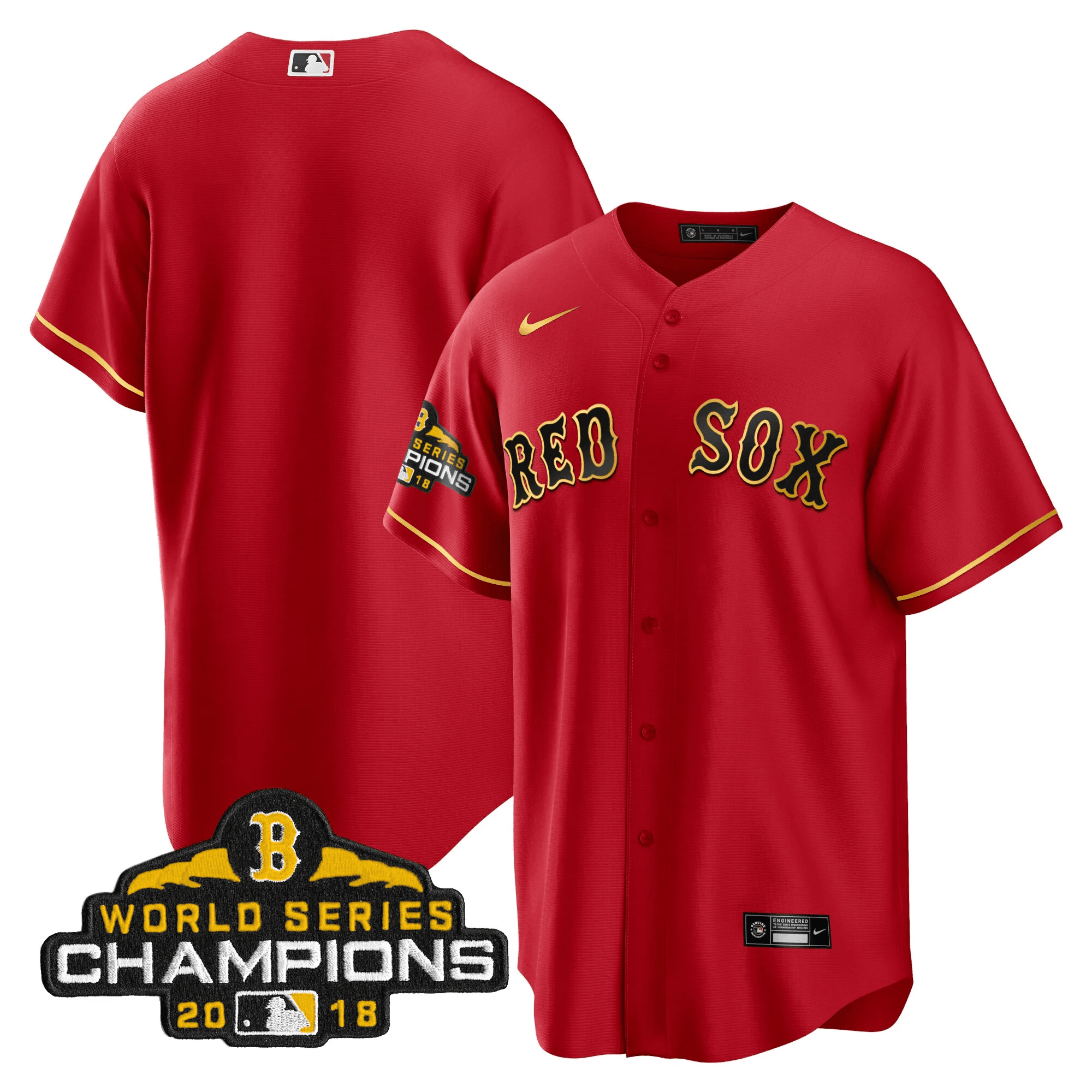 Team Men Boston Red Sox World Series Champion Gold Cool Red Jersey - All Stitched