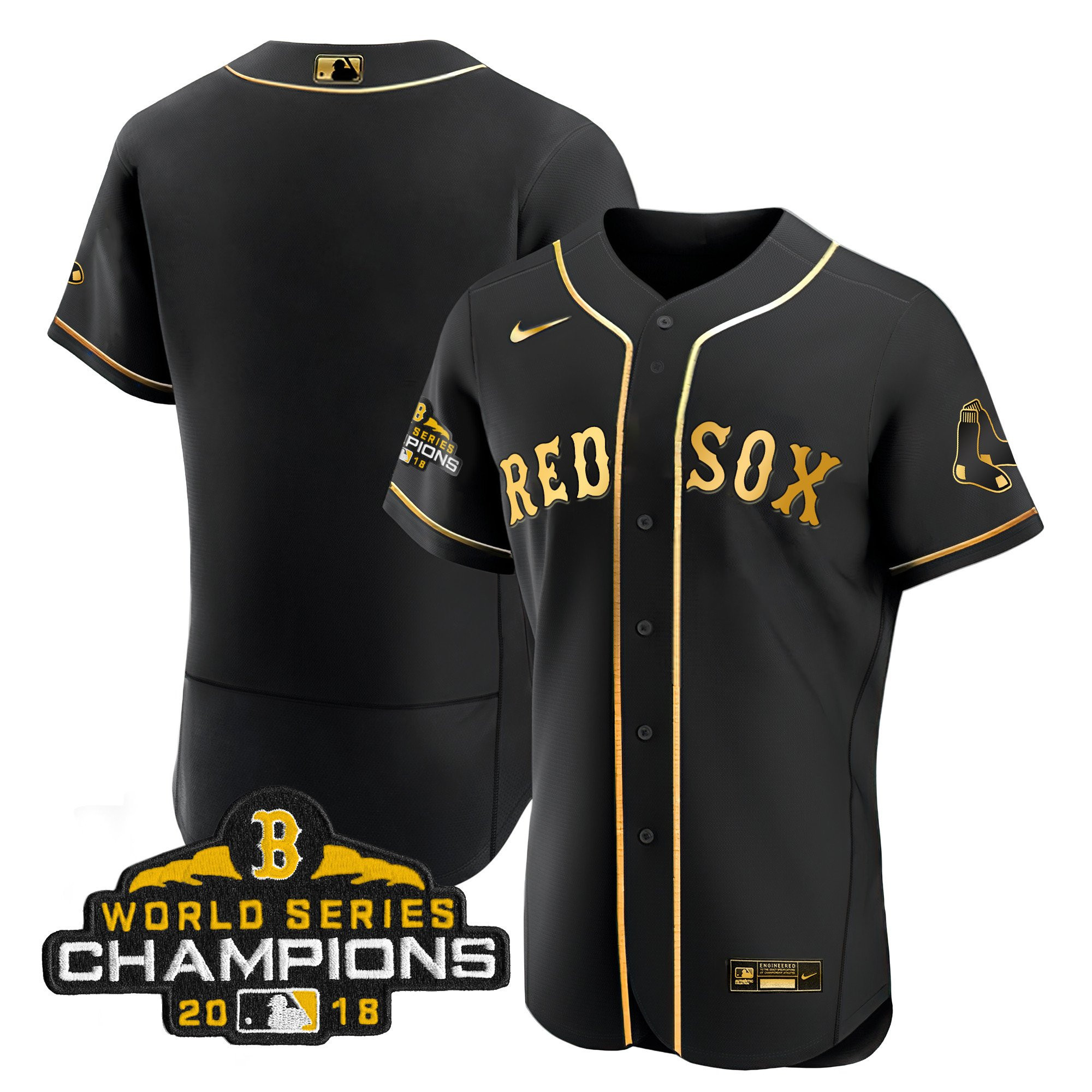 Team Men Boston Red Sox World Series Champion Gold Flex Black Jersey - All Stitched