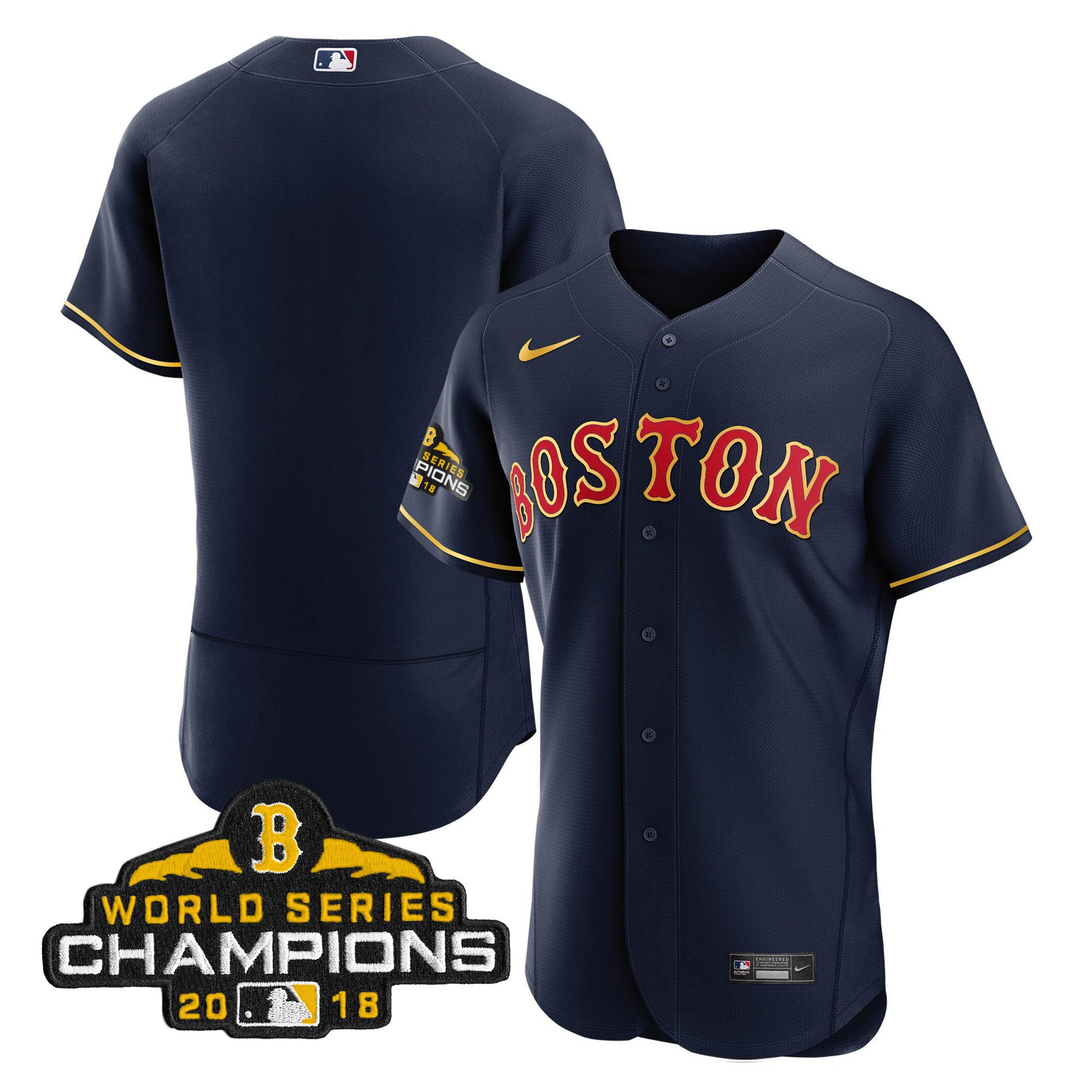 Team Men Boston Red Sox World Series Champion Gold Flex Navy Jersey - All Stitched
