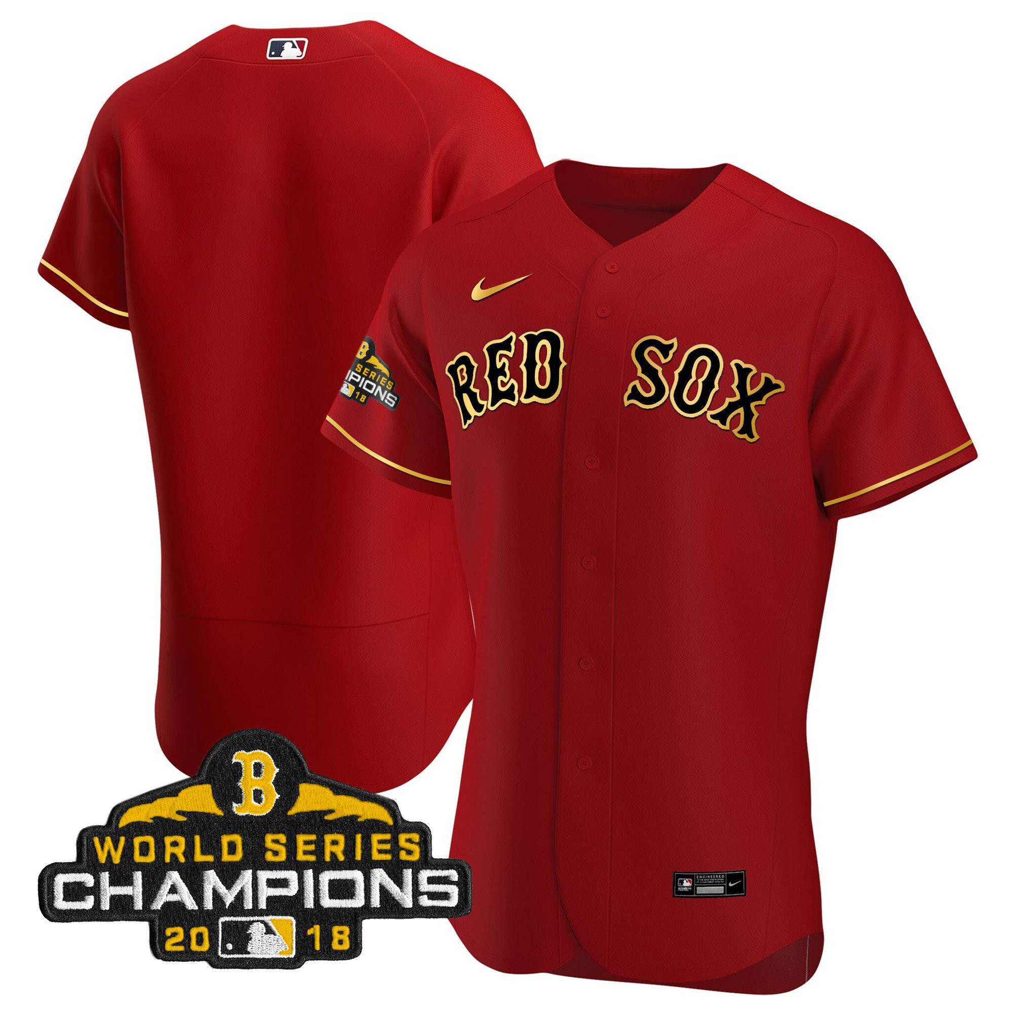 Team Men Boston Red Sox World Series Champion Gold Flex Red Jersey - All Stitched