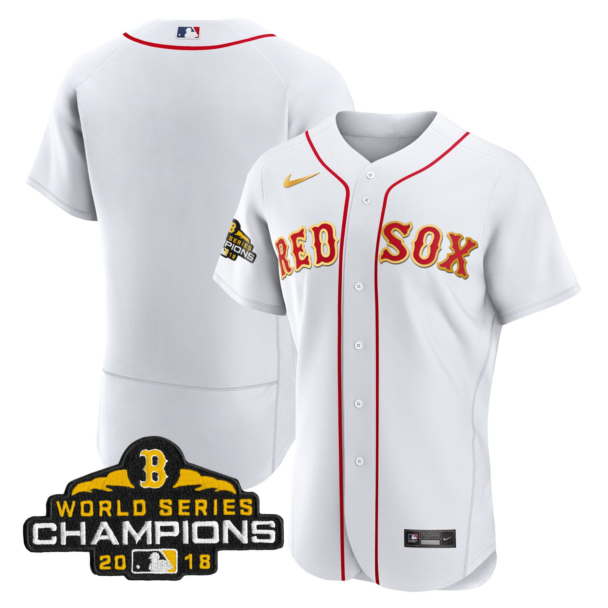 Team Men Boston Red Sox World Series Champion Gold Flex White Jersey - All Stitched