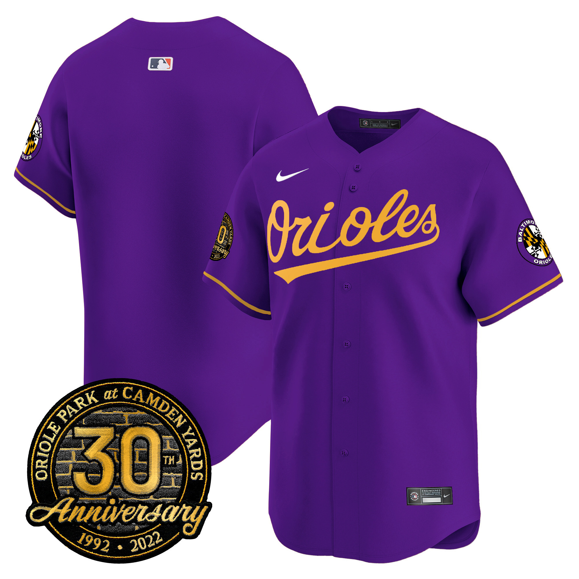 Team Men’s Baltimore Orioles Camden Yards 30th Anniversary Patch Vapor Premier Limited Purple Gold Jersey - All Stitched