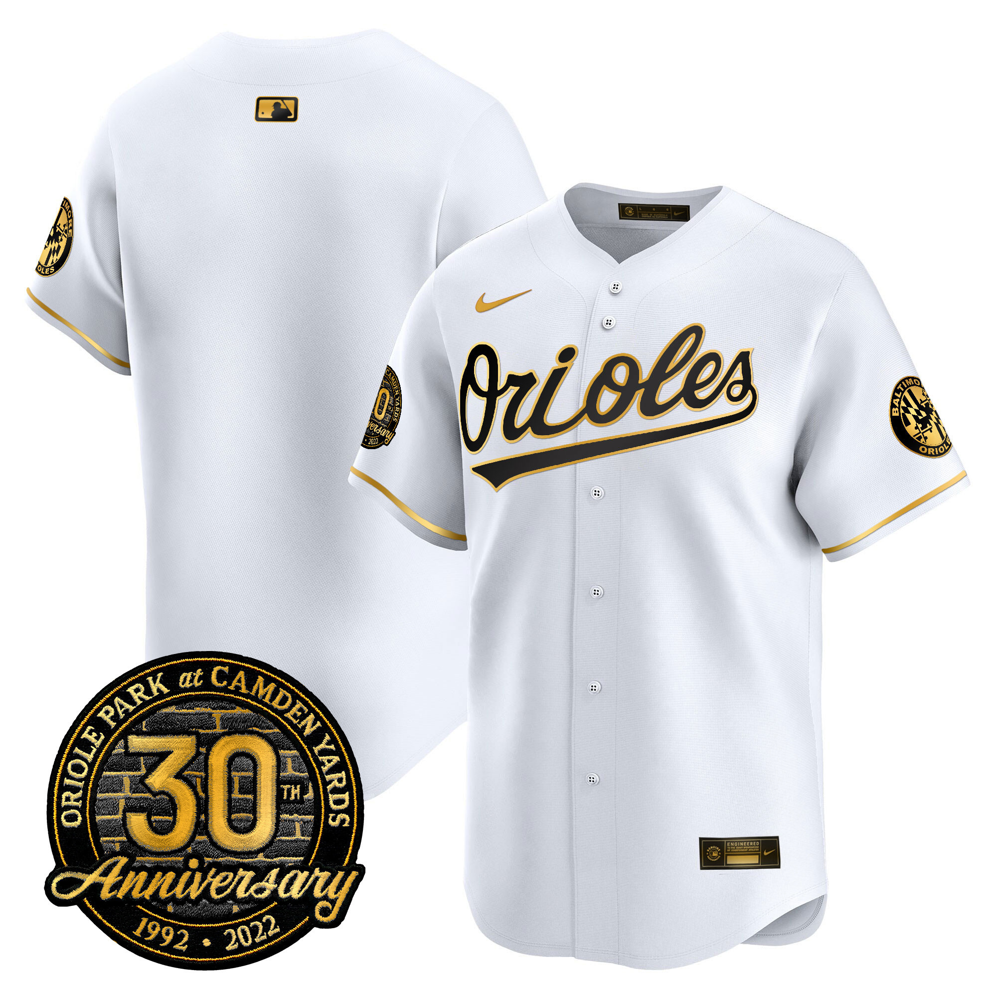 Team Men’s Baltimore Orioles Camden Yards 30th Anniversary Patch Vapor Premier Limited White Gold Jersey - All Stitched
