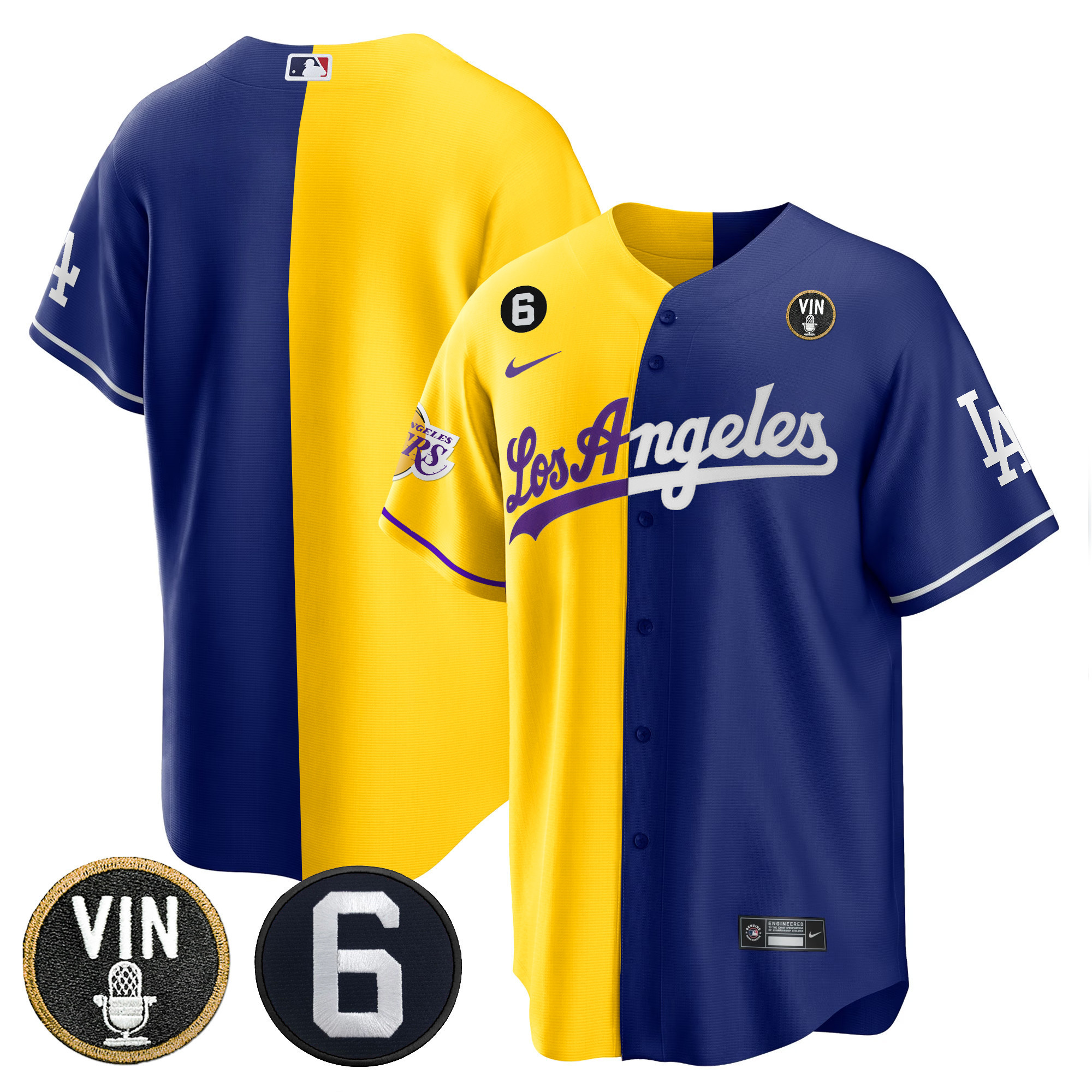 Team Men's Split Los Angeles Dodgers - Lakers Cool Base Gold Royal Jersey