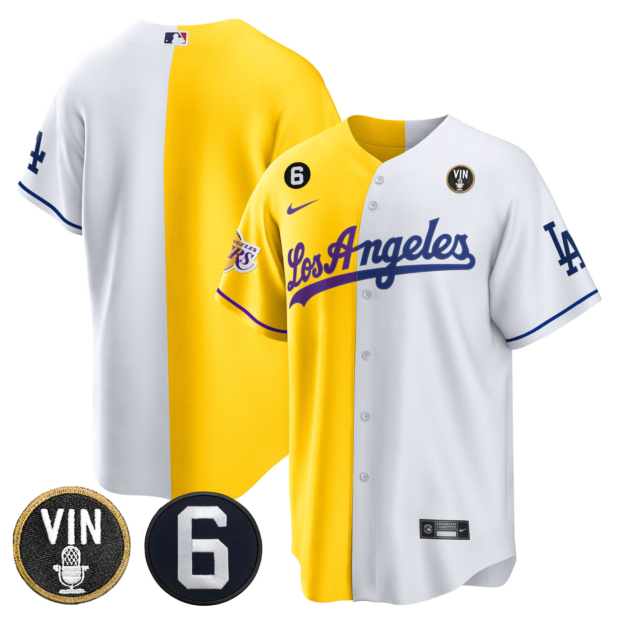 Team Men's Split Los Angeles Dodgers - Lakers Cool Base Gold White Jersey