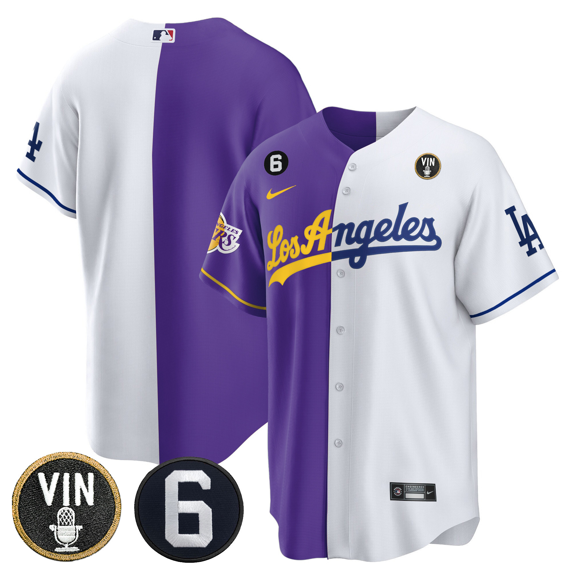 Team Men's Split Los Angeles Dodgers - Lakers Cool Base Purple White Jersey