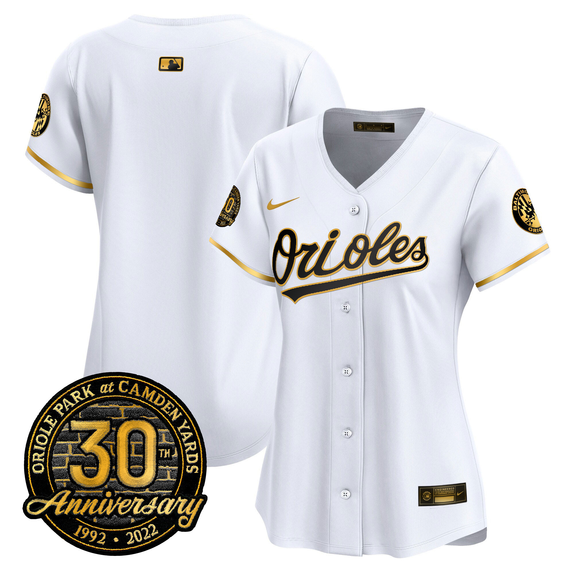 Team Women’s Baltimore Orioles Camden Yards 30th Anniversary Patch Vapor Premier Limited White Gold Jersey - All Stitched