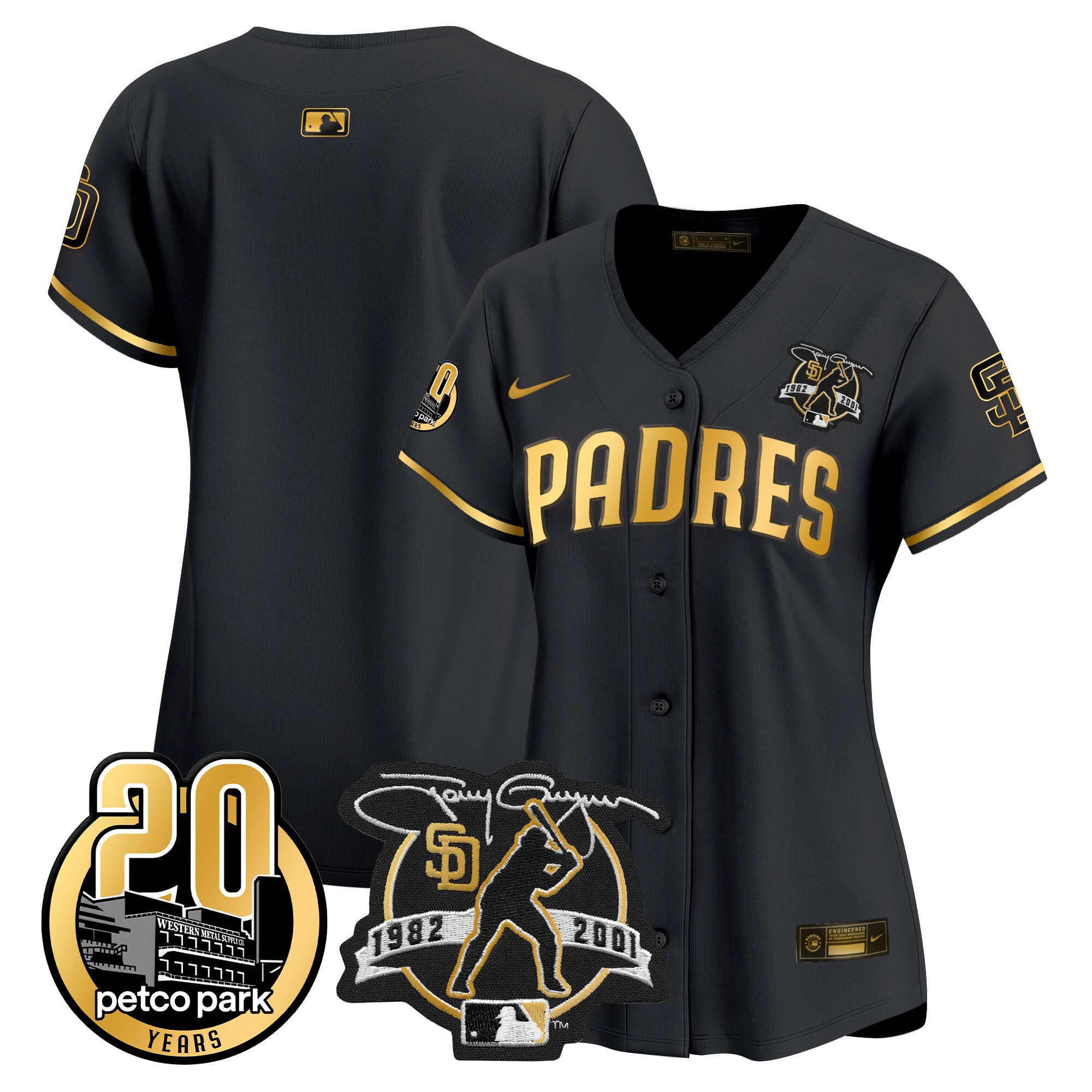 Team Women's San Diego Padres Tony Gwynn & Petco Park 20th Patch Vapor Premier Limited Black Gold Jersey