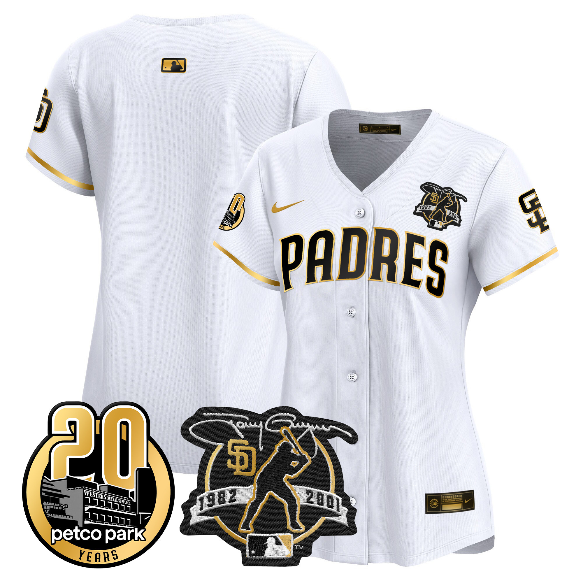 Team Women's San Diego Padres Tony Gwynn & Petco Park 20th Patch Vapor Premier Limited White Gold Jersey