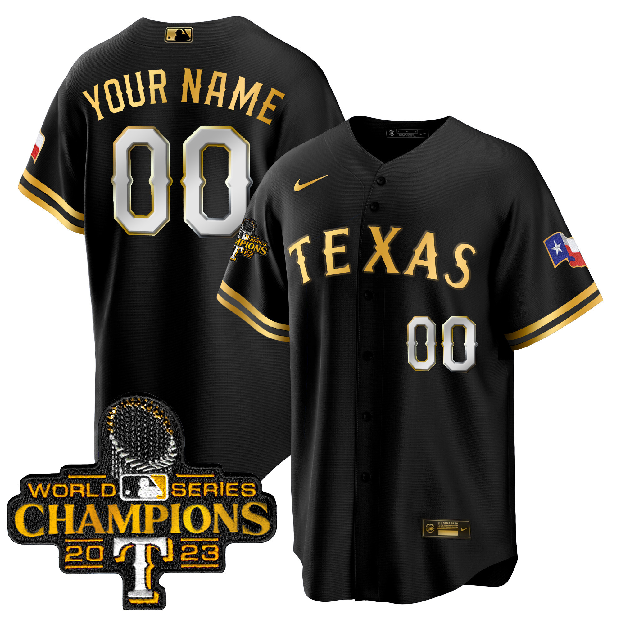 Texas Rangers World Series Champions Cool Base Custom Black Gold Jersey