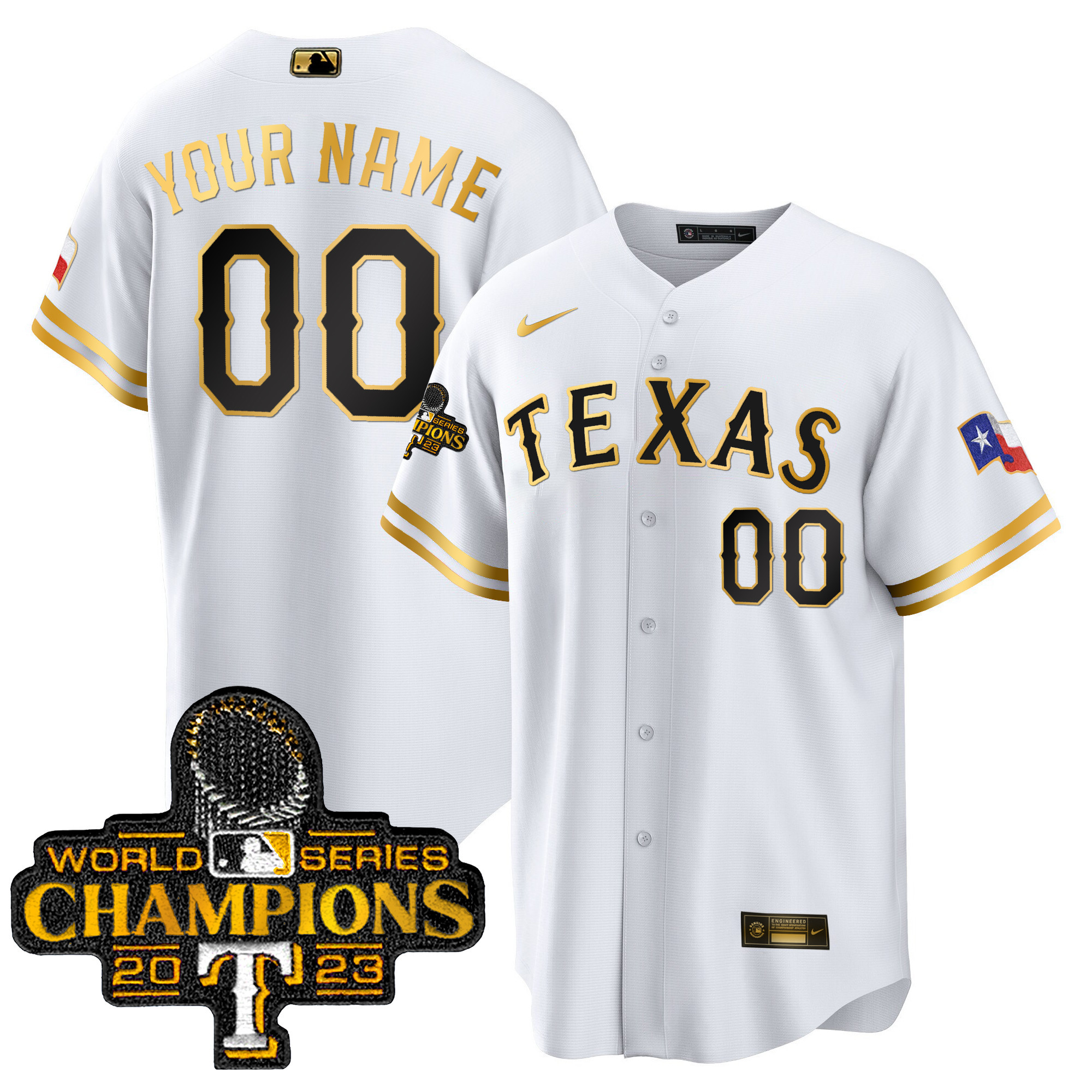 Texas Rangers World Series Champions Cool Base Custom White Gold Jersey