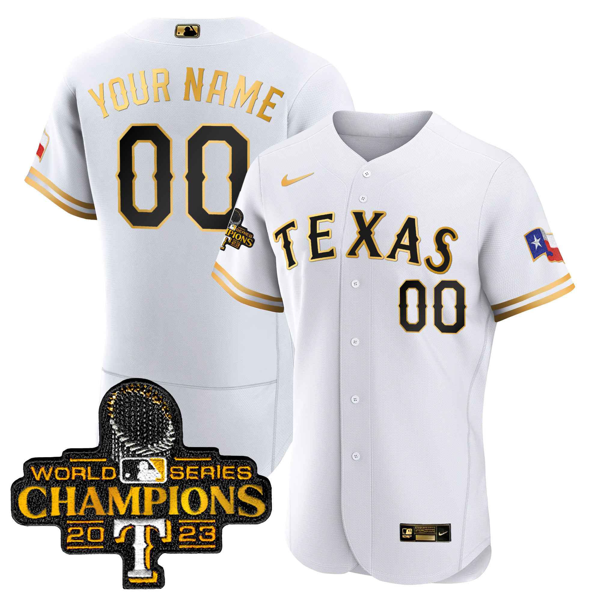 Texas Rangers World Series Champions Flex Base Custom White Gold Jersey