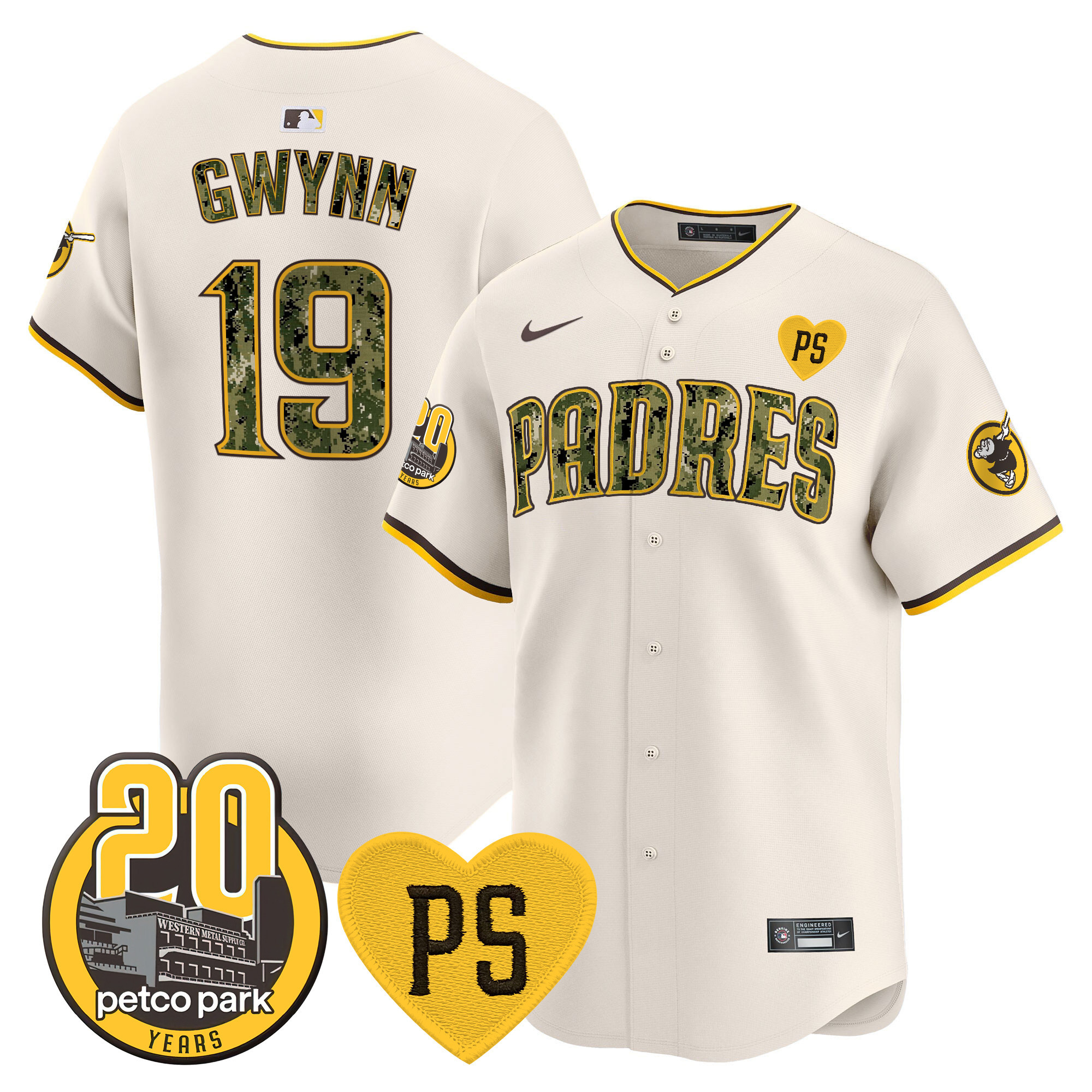 Tony Gwynn Men's San Diego Padres "For Peter" & Petco Park 20th Patch USMC Vapor Premier Limited V2 Cream Jersey
