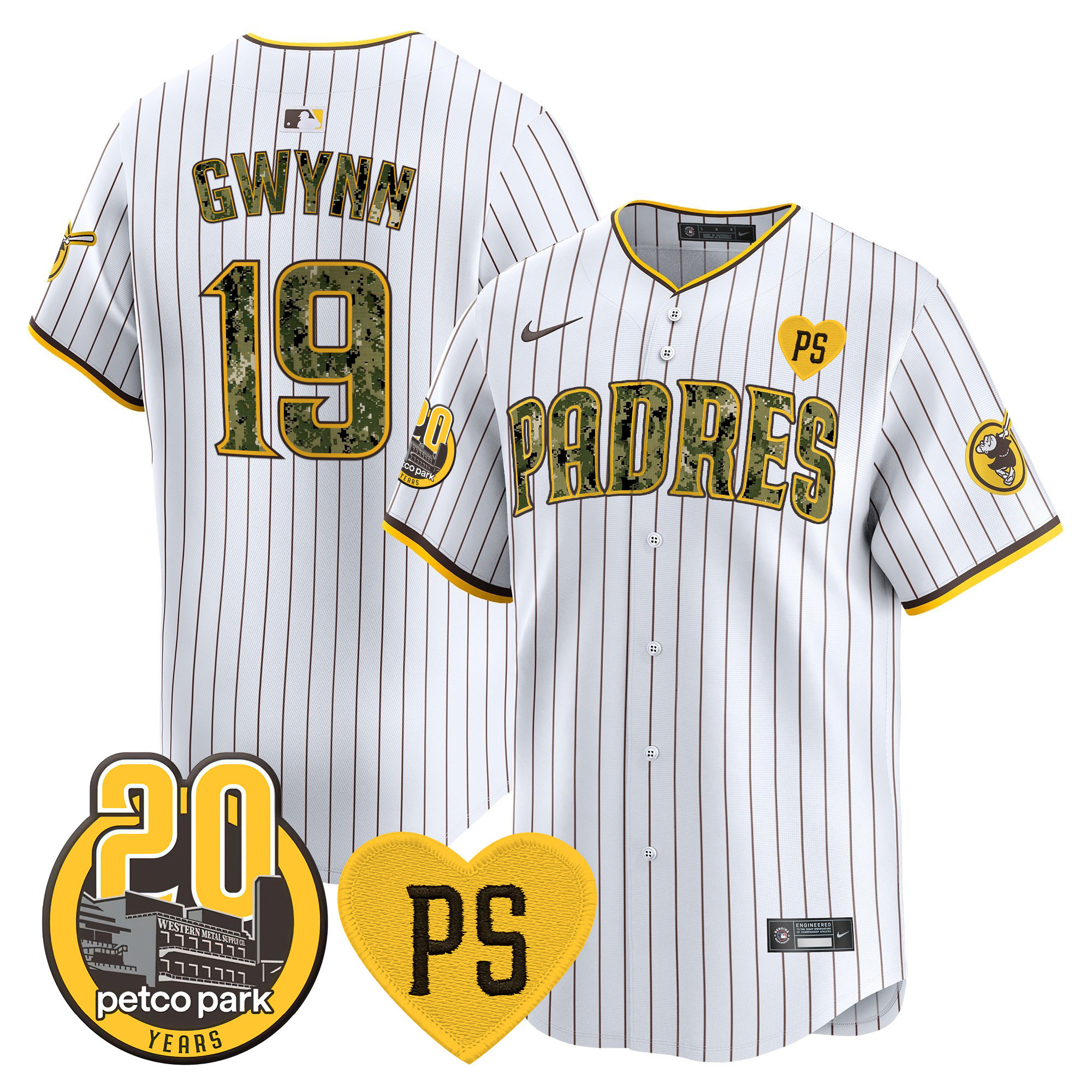 Tony Gwynn Men's San Diego Padres "For Peter" & Petco Park 20th Patch USMC Vapor Premier Limited V2 Pinstripe Jersey