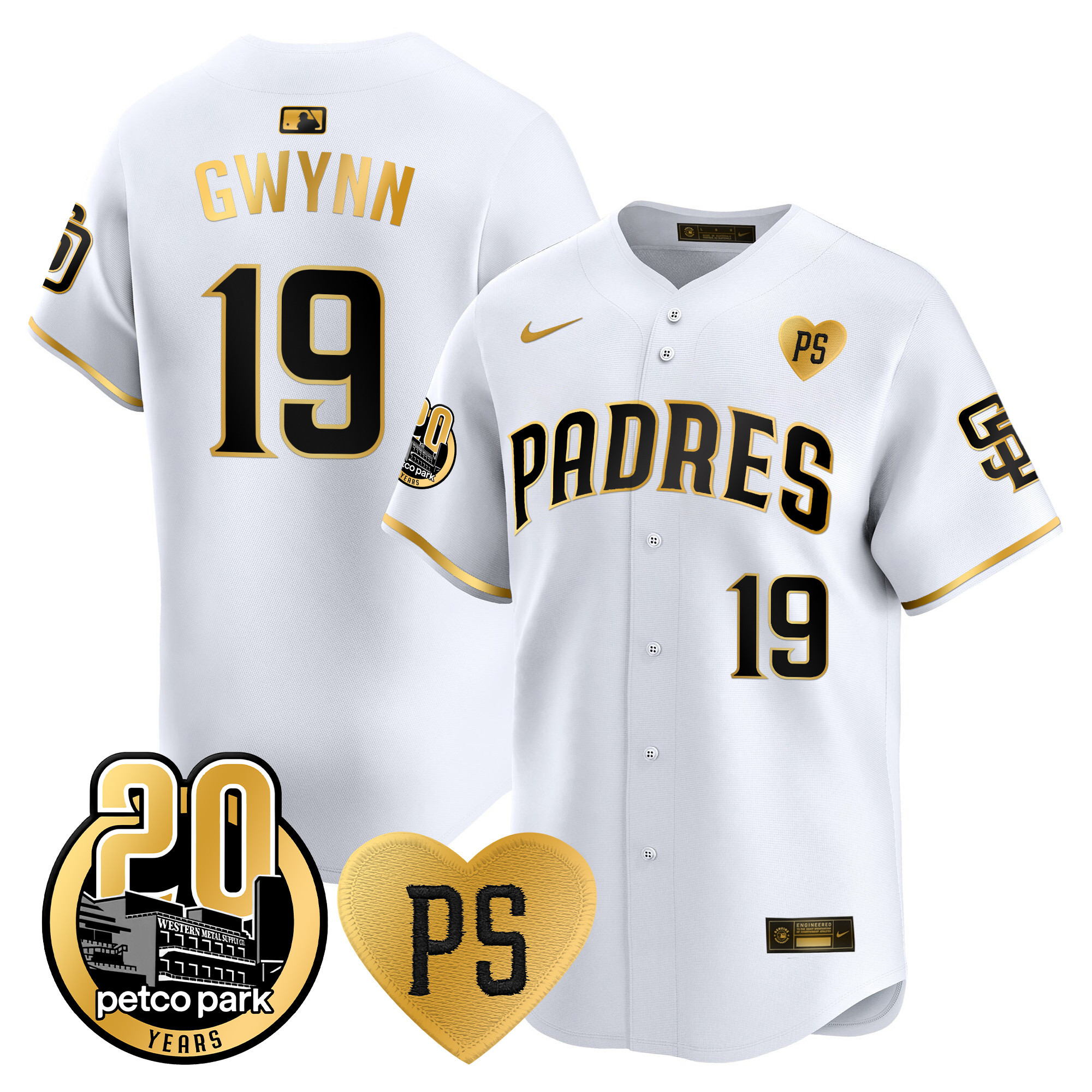 Tony Gwynn Men's San Diego Padres "For Peter" & Petco Park 20th Patch Vapor Premier Limited White Gold Jersey