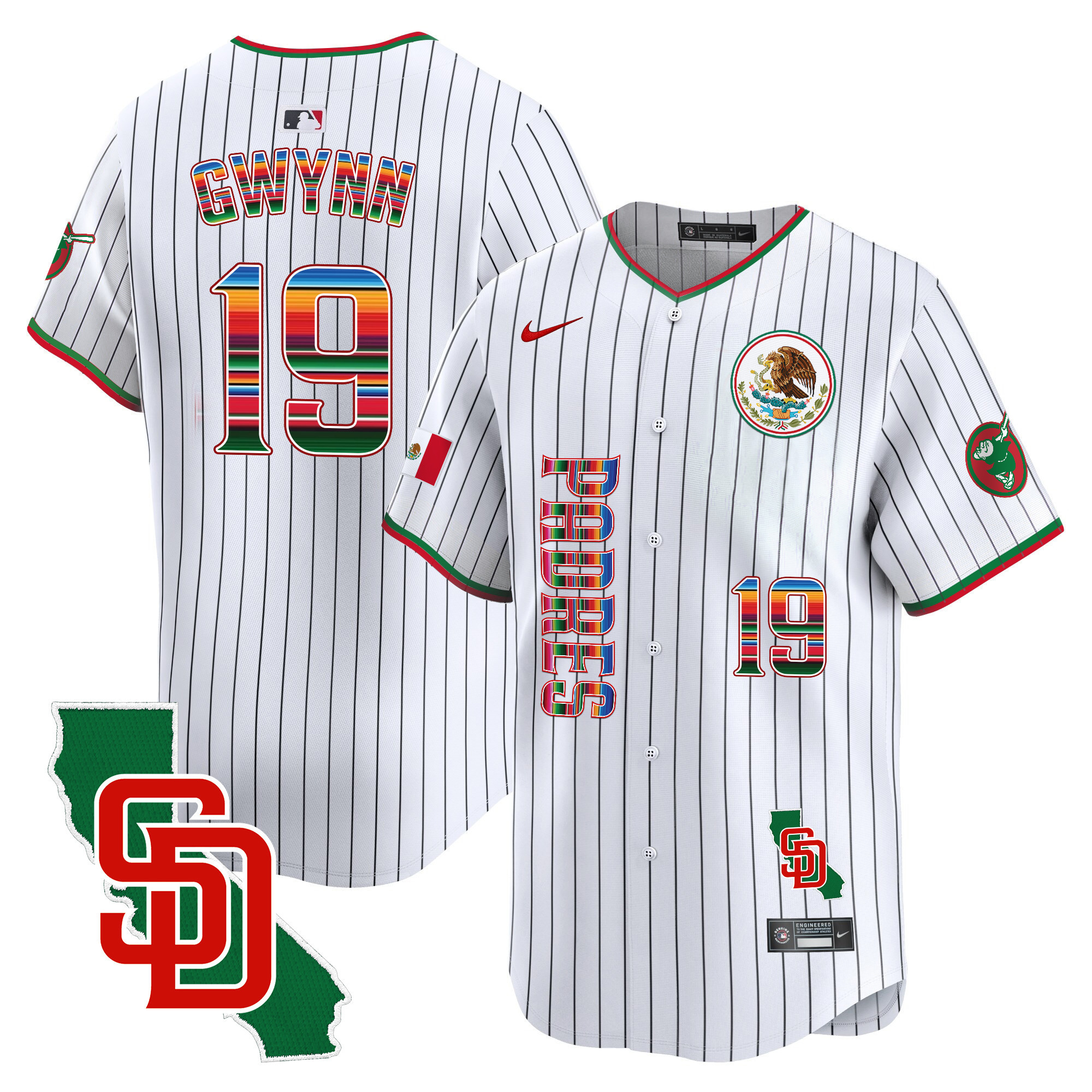 Tony Gwynn Men's San Diego Padres Mexico California Patch Vapor Premier Limited V2 Pinstripe Jersey