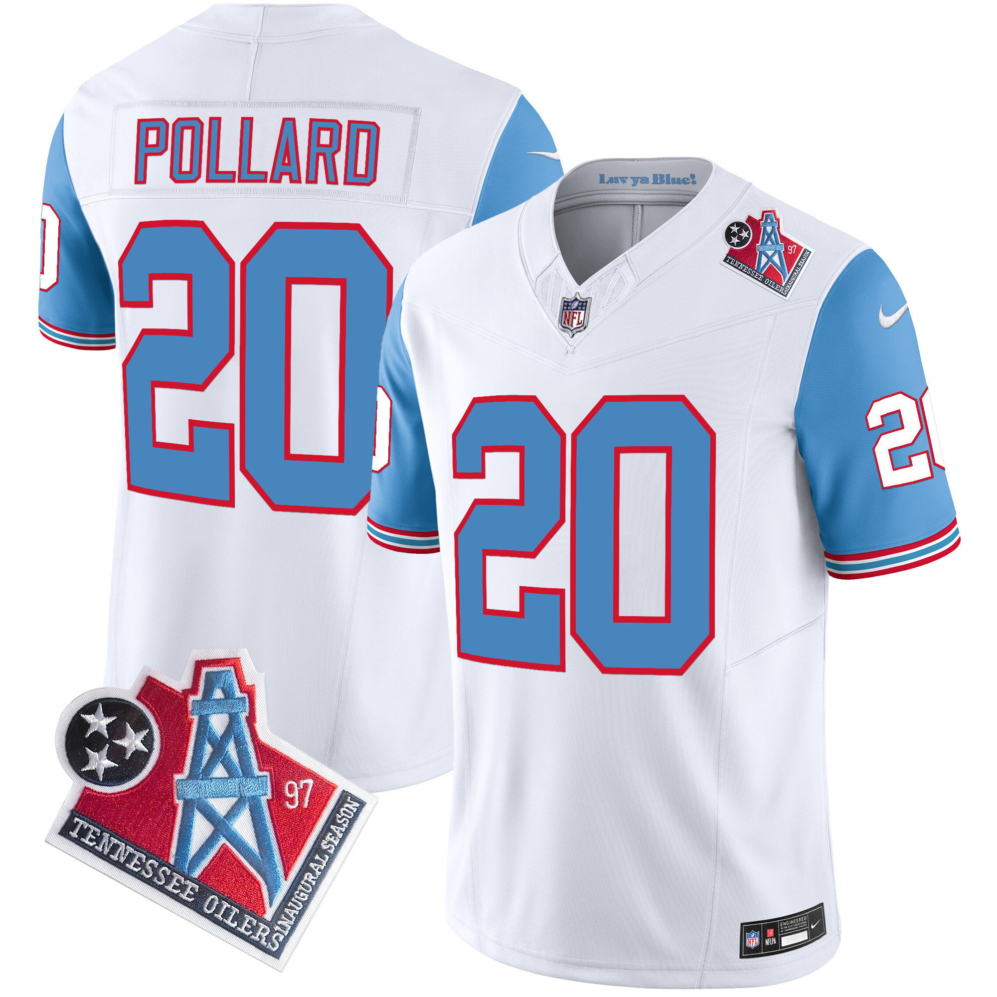 Tony Pollard Men's Tennessee Titans 1997 Throwback Limited Vapor Blue Sleeves Jersey