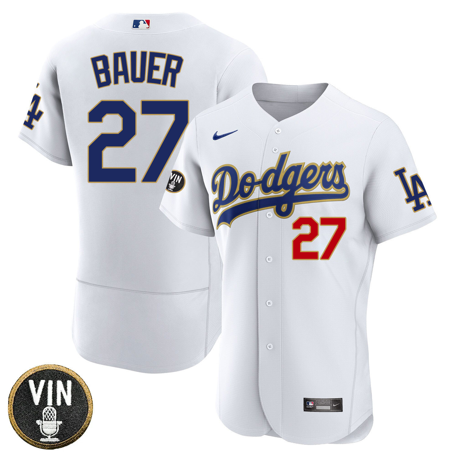 Trevor Bauer Los Angeles Dodgers Vin Scully Patch Gold Trim Player - White Jersey