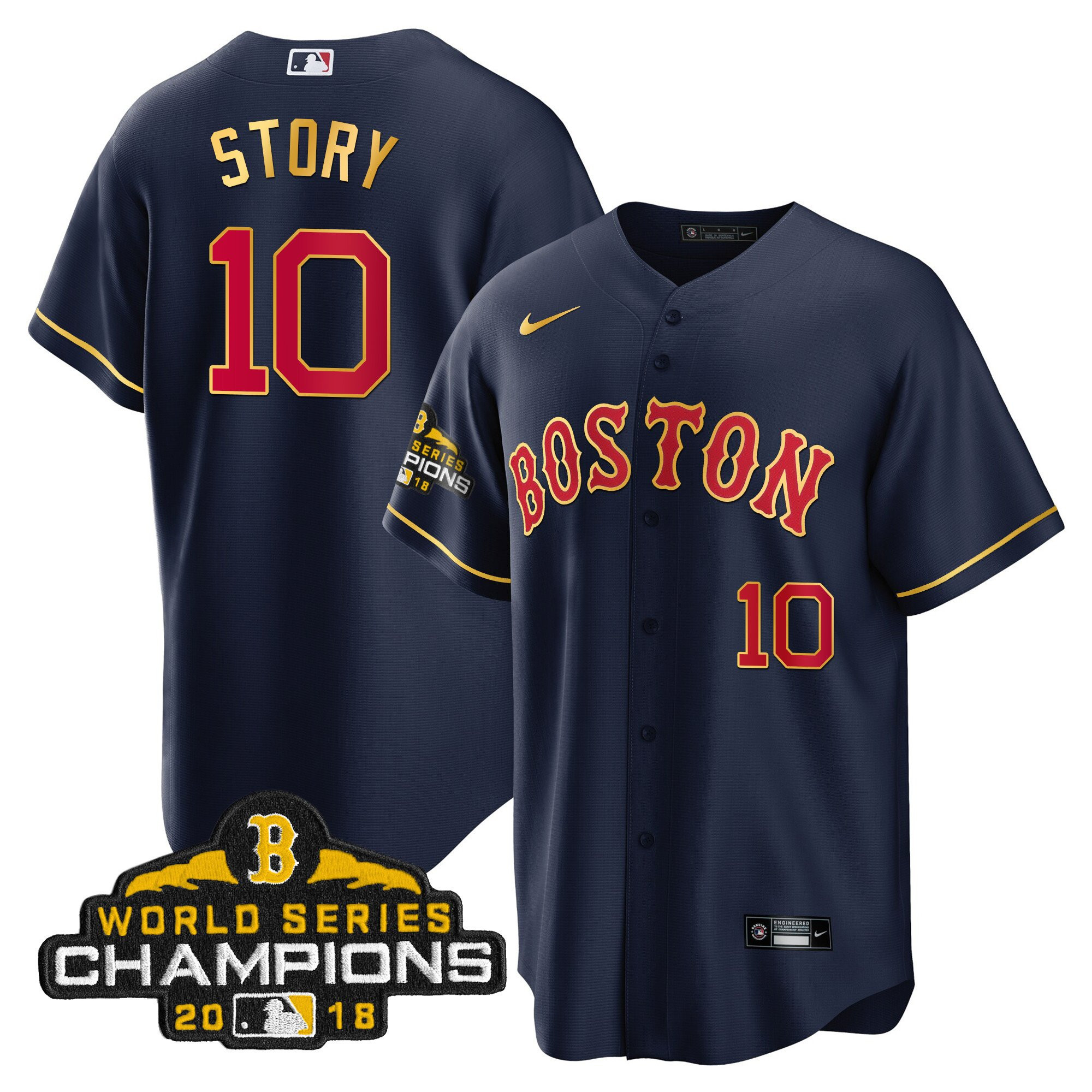 Trevor Story Men Boston Red Sox World Series Champion Gold Cool Navy Jersey - All Stitched