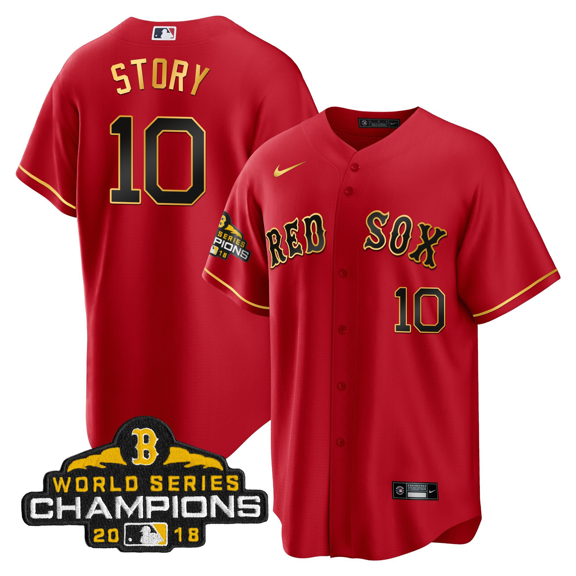 Trevor Story Men Boston Red Sox World Series Champion Gold Cool Red Jersey - All Stitched
