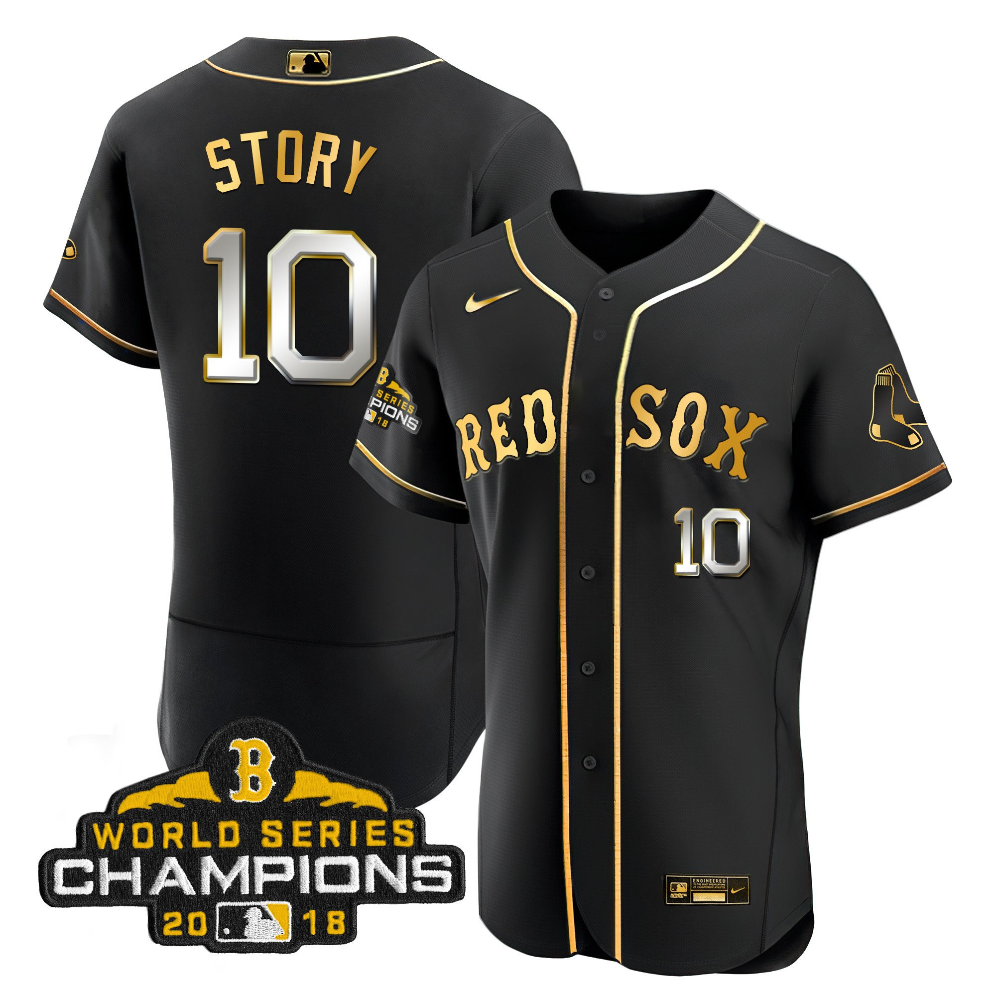 Trevor Story Men Boston Red Sox World Series Champion Gold Flex Black Jersey - All Stitched