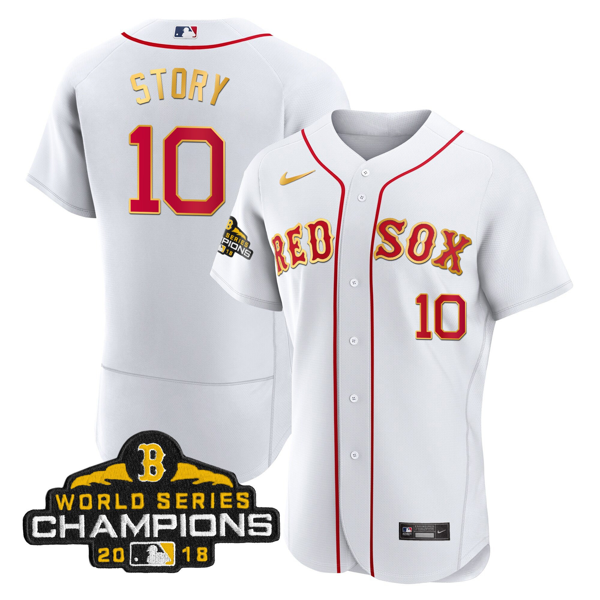 Trevor Story Men Boston Red Sox World Series Champion Gold Flex White Jersey - All Stitched