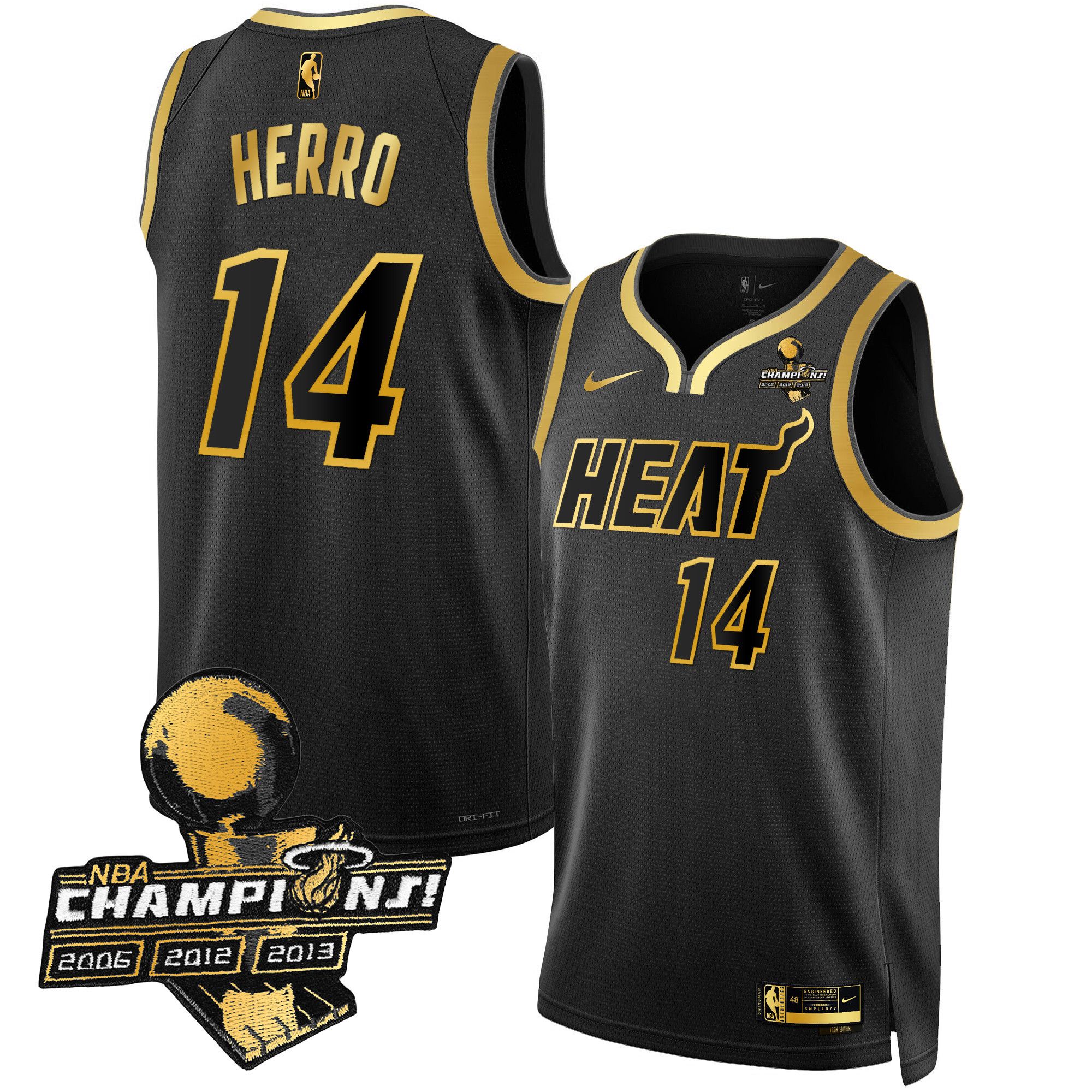 Tyler Herro Men's Miami Heat 3-Time Champions Patch Collection Black Gold Jersey - All Stitched