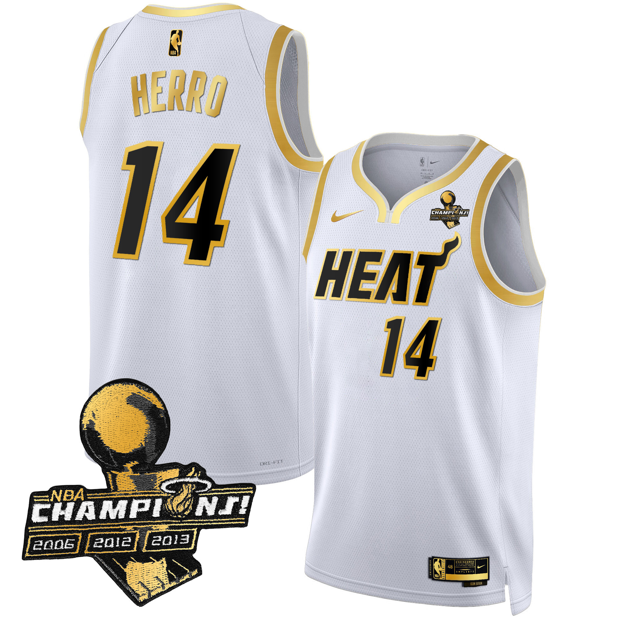Tyler Herro Men's Miami Heat 3-Time Champions Patch Collection White Gold Jersey - All Stitched