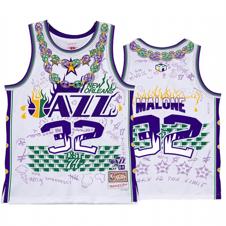 Utah Jazz BR Remix Karl Malone White Jersey HWC Limited Edition