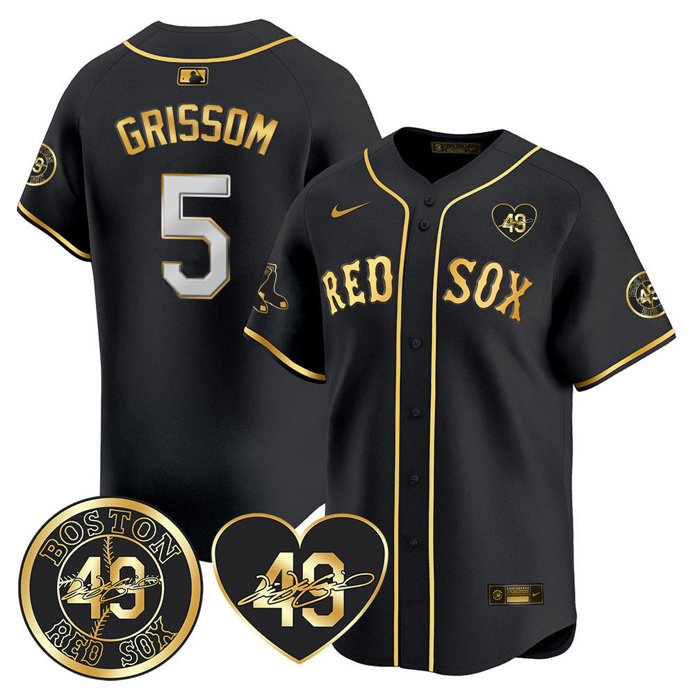 Vaughn Grissom Men's Boston Red Sox Tim Wakefield Memorial Patch Vaper Premier Limited Black Gold Jersey - All Stitched