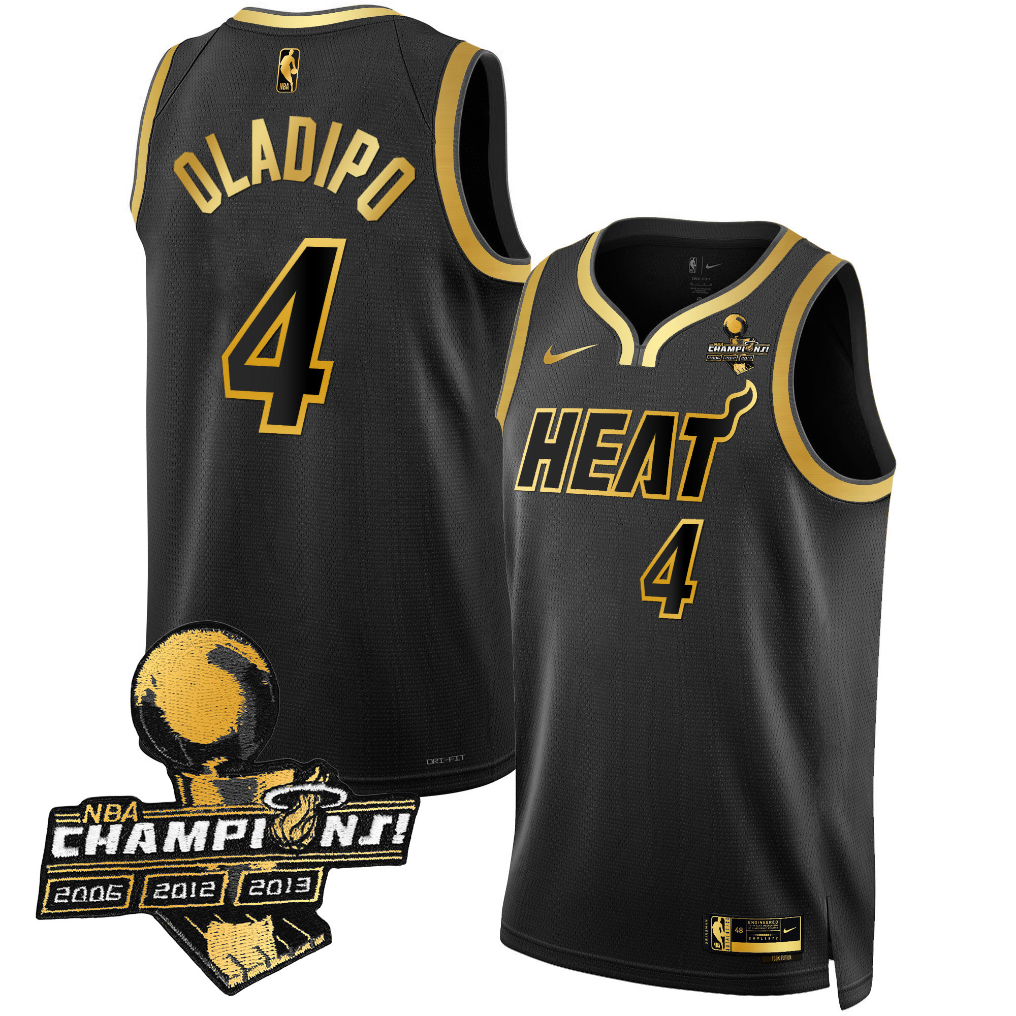 Victor Oladipo Men's Miami Heat 3-Time Champions Patch Collection Black Gold Jersey - All Stitched
