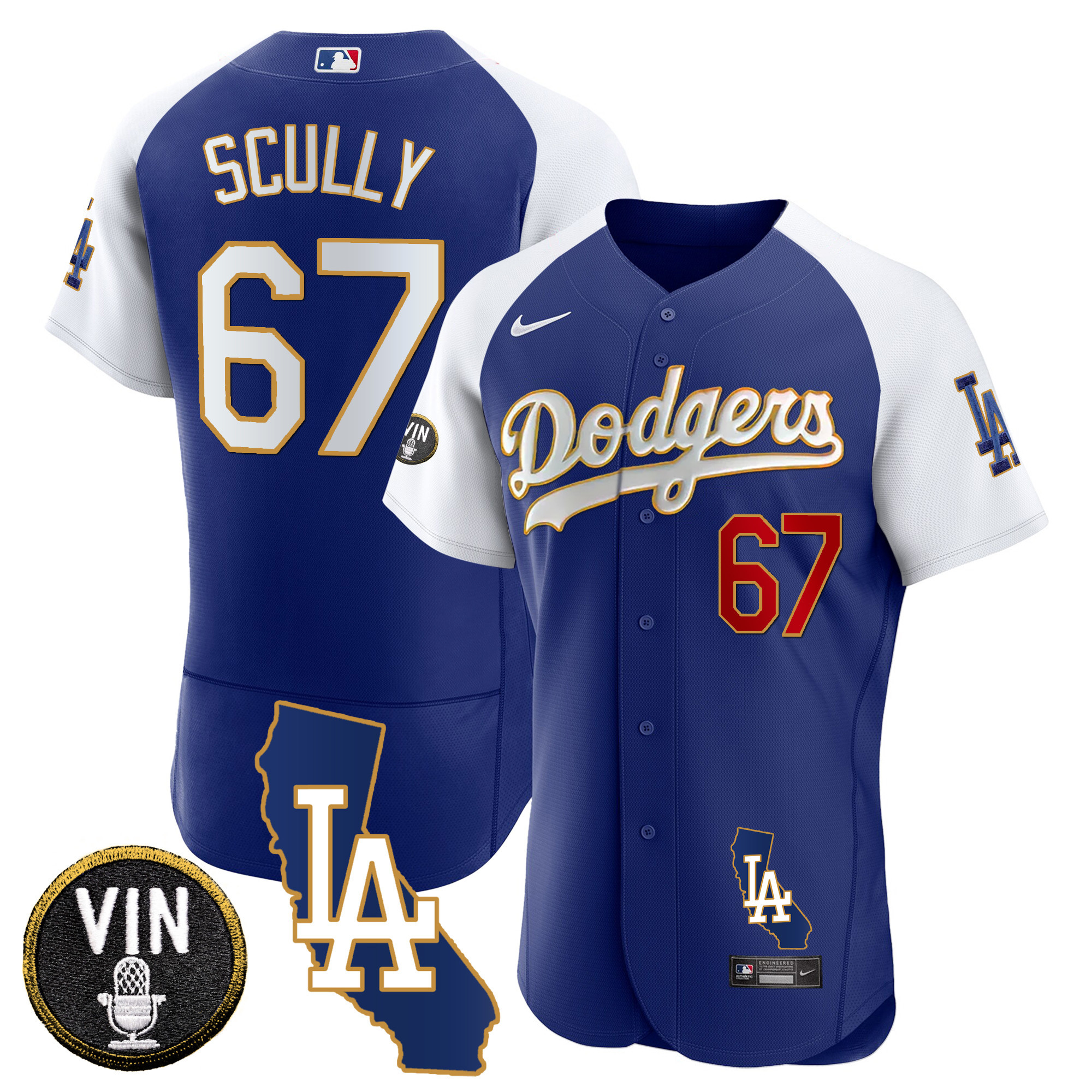 Vin Scully Men's Los Angeles Dodgers California Patch Gold Trim Flex Base Alternate Royal Jersey