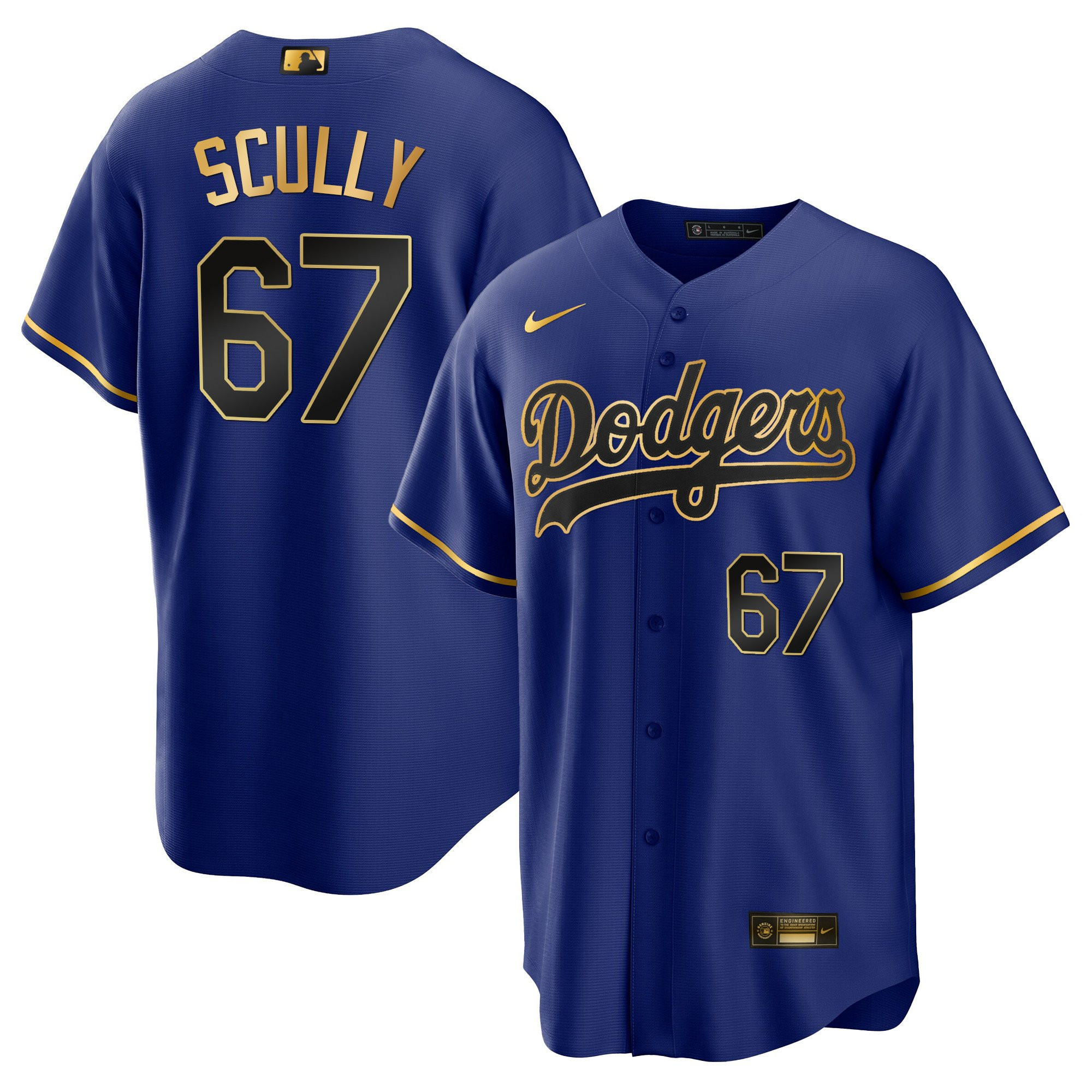 Vin Scully Men's Los Angeles Dodgers Cool Base Gold Cool Black Royal Jersey