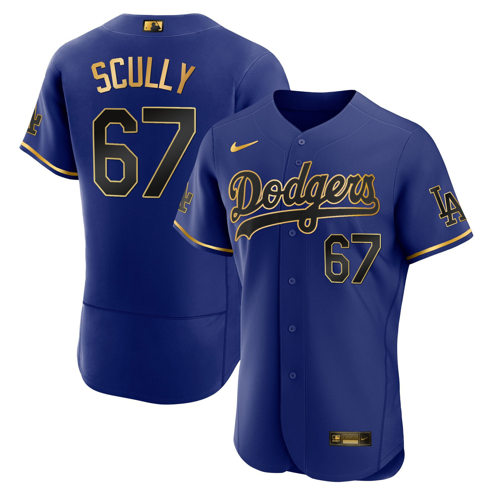 Vin Scully Men's Los Angeles Dodgers Flex Base Gold Flex Black Royal Jersey