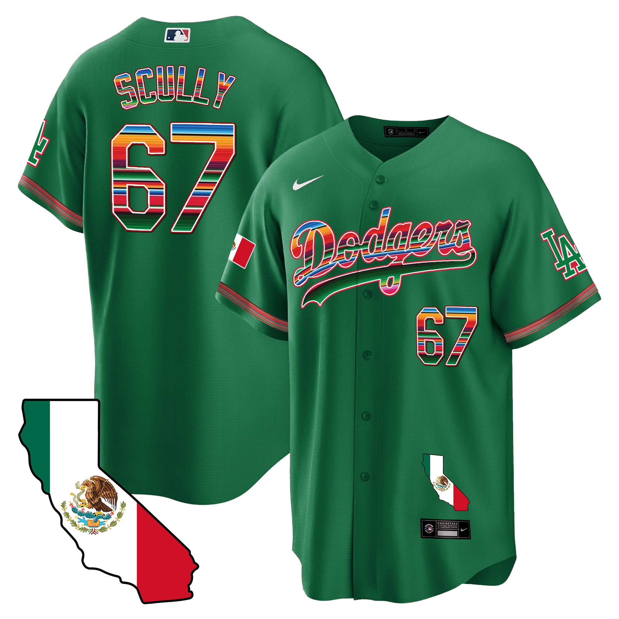 Vin Scully Men's Los Angeles Dodgers Mexico California Map Cool Base Green Jersey