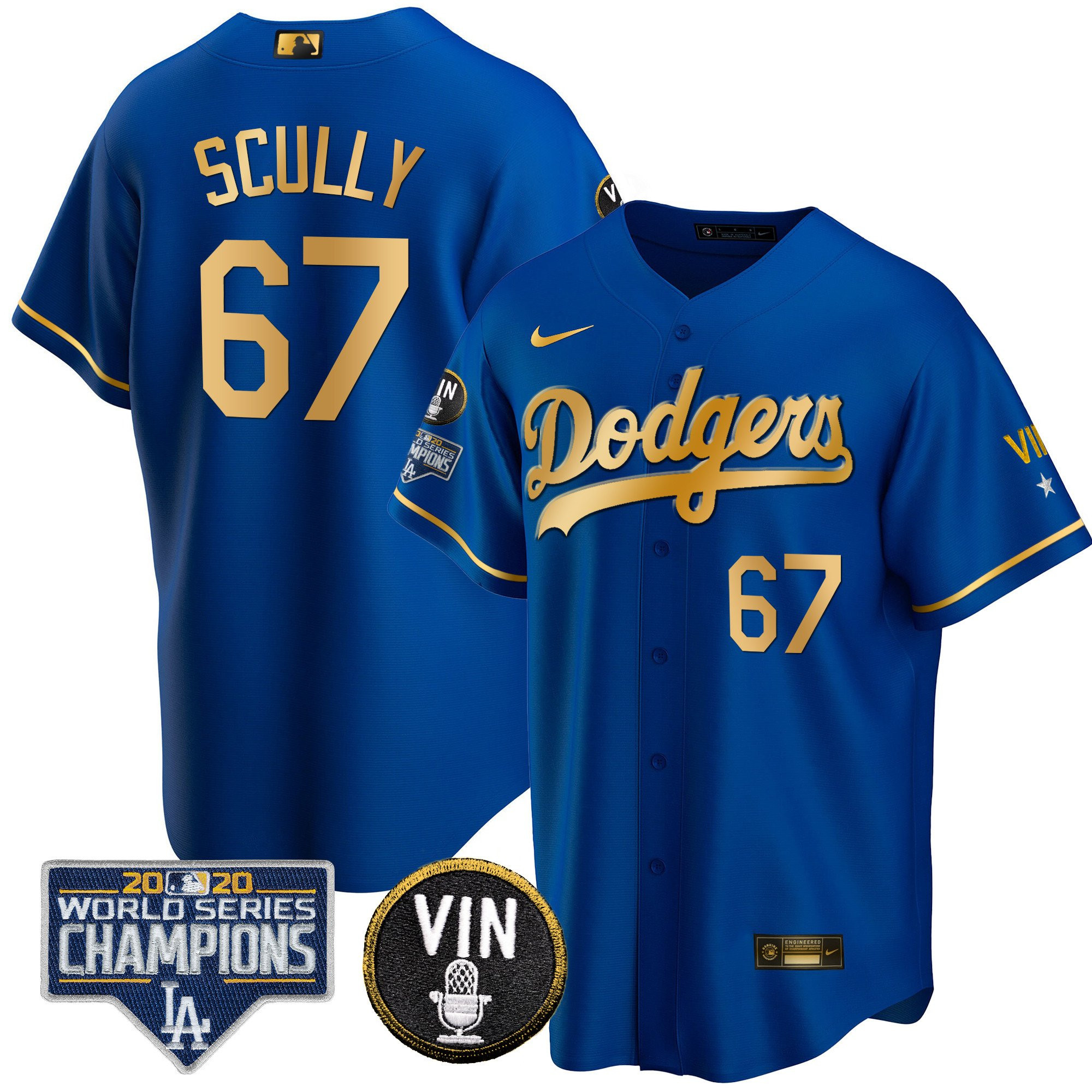 Vin Scully Men's Los Angeles Dodgers World Series & Vin Sculy Patch Gold Cool Gold Royal Jersey