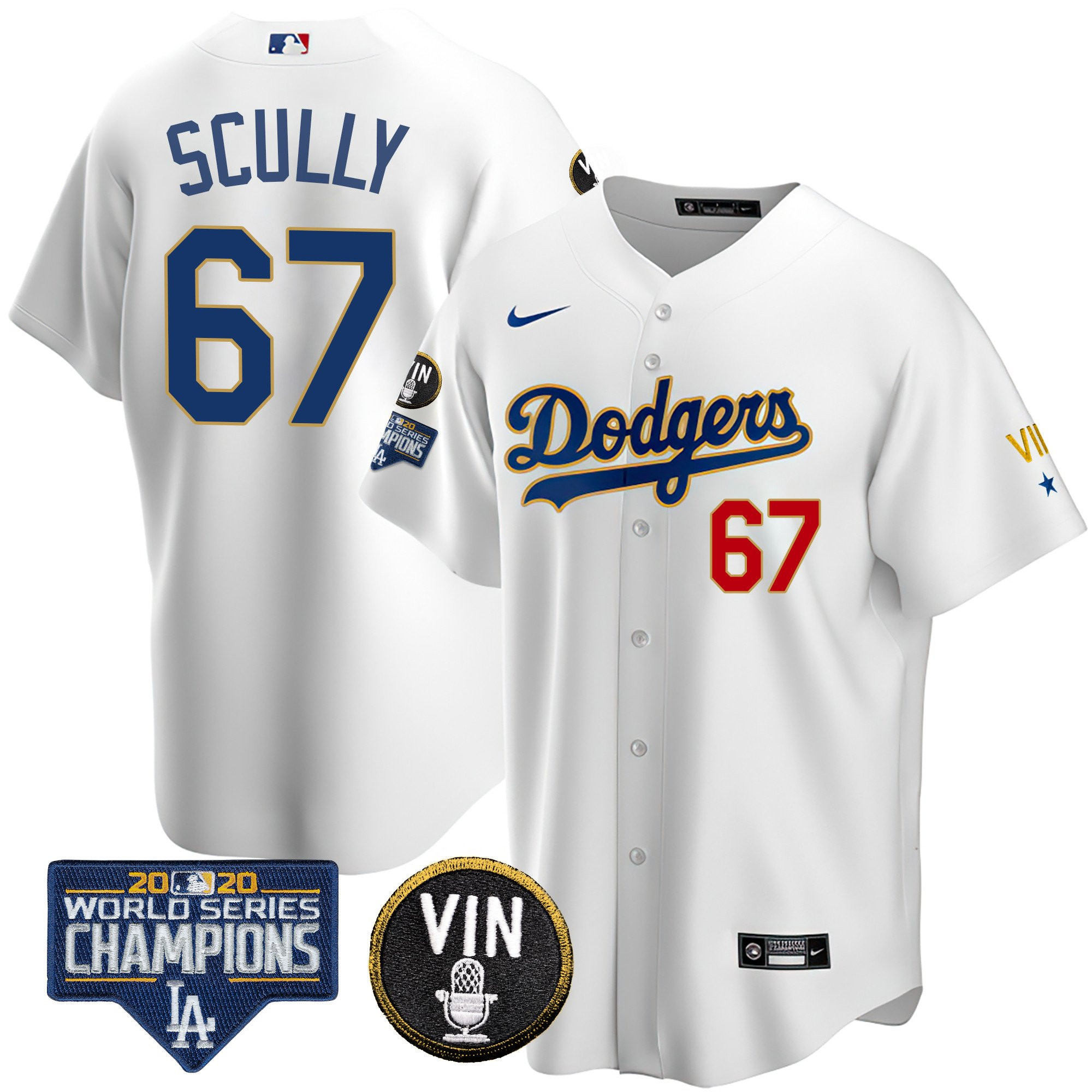 Vin Scully Men's Los Angeles Dodgers World Series & Vin Sculy Patch Gold Cool White Jersey