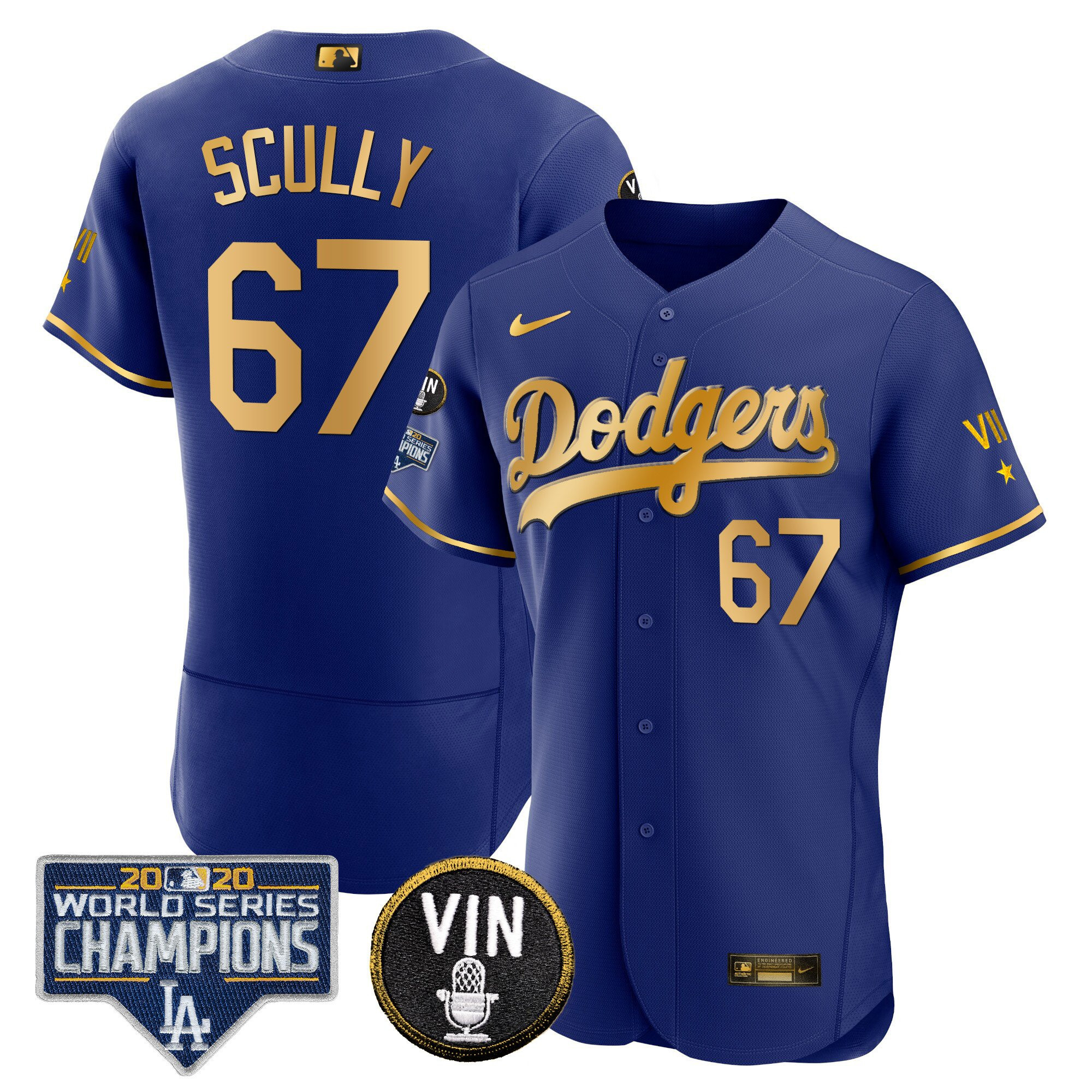Vin Scully Men's Los Angeles Dodgers World Series & Vin Sculy Patch Gold Flex Gold Royal Jersey